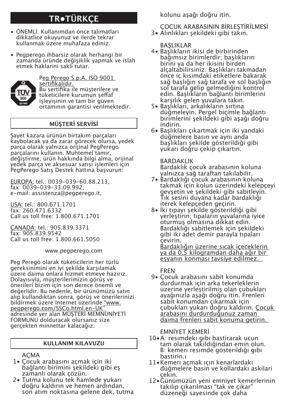 Tr•türkçe | Peg-Perego Aria Twin User Manual | Page 38 / 48