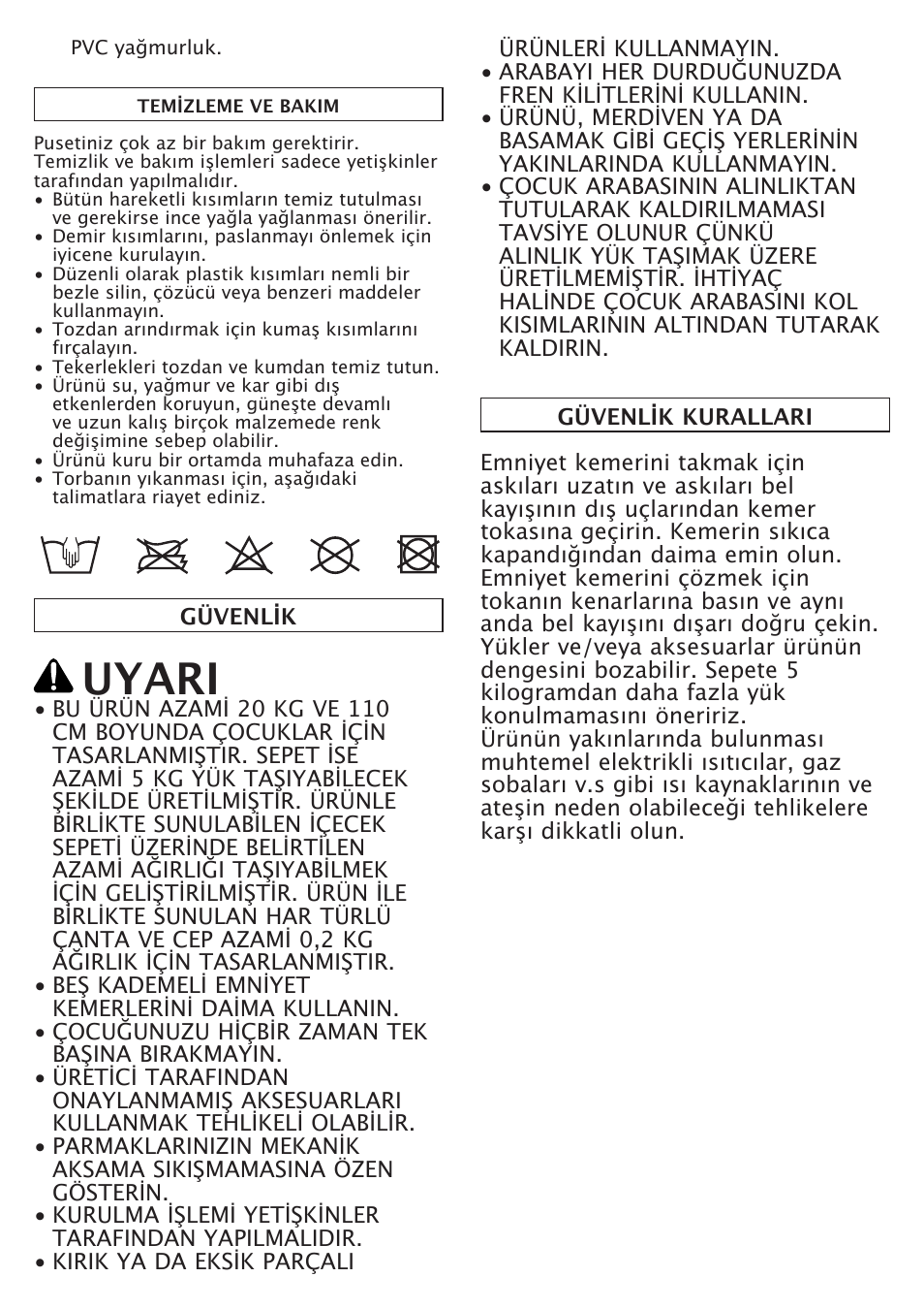 Uyari | Peg-Perego Aria Twin User Manual | Page 40 / 48