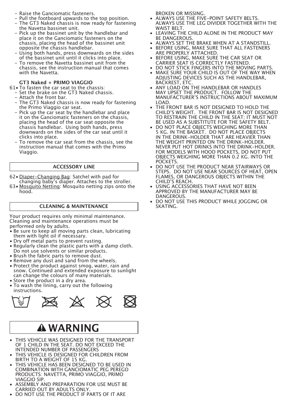 Warning | Peg-Perego GT3 User Manual | Page 21 / 76