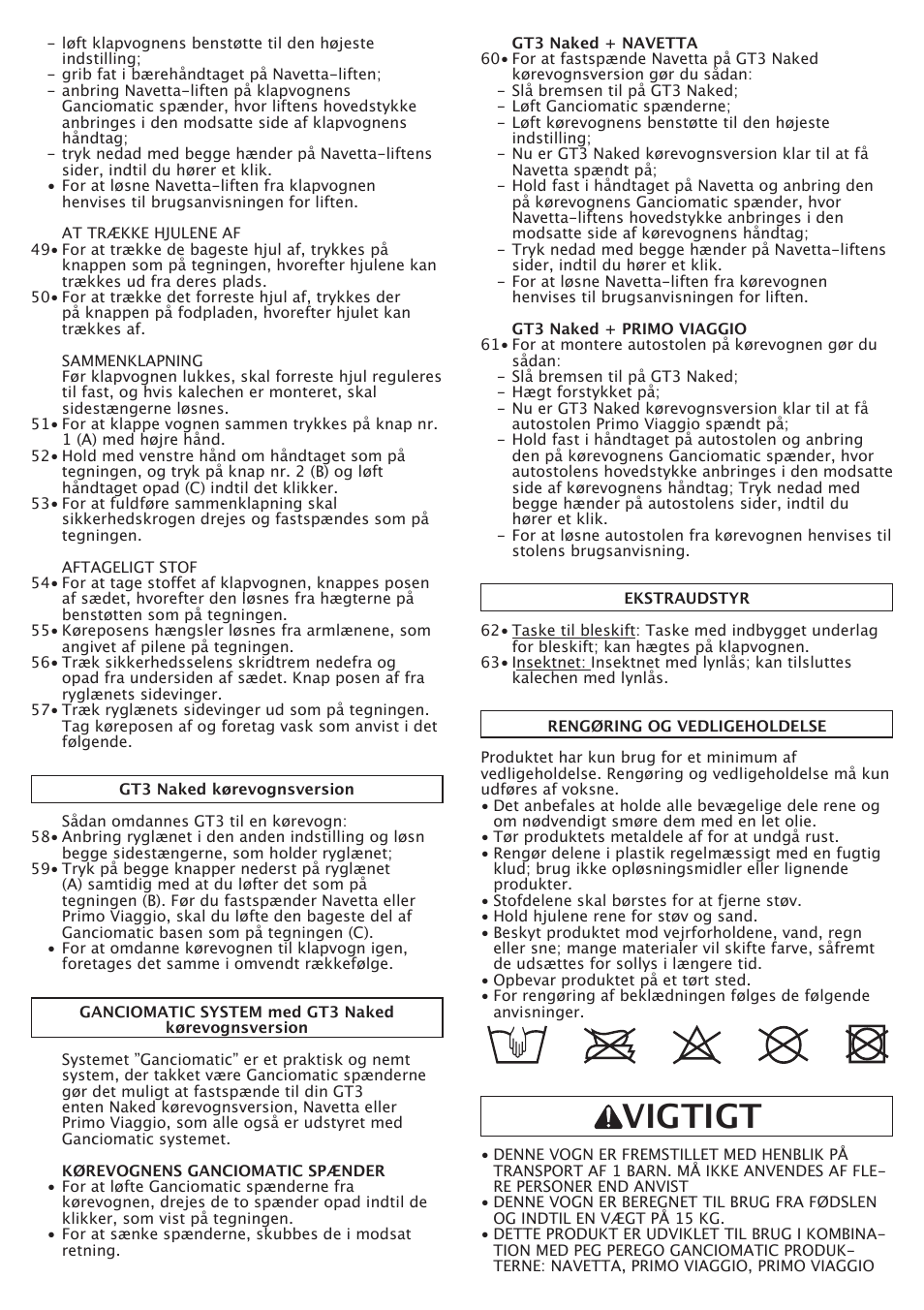 Vigtigt | Peg-Perego GT3 User Manual | Page 43 / 76