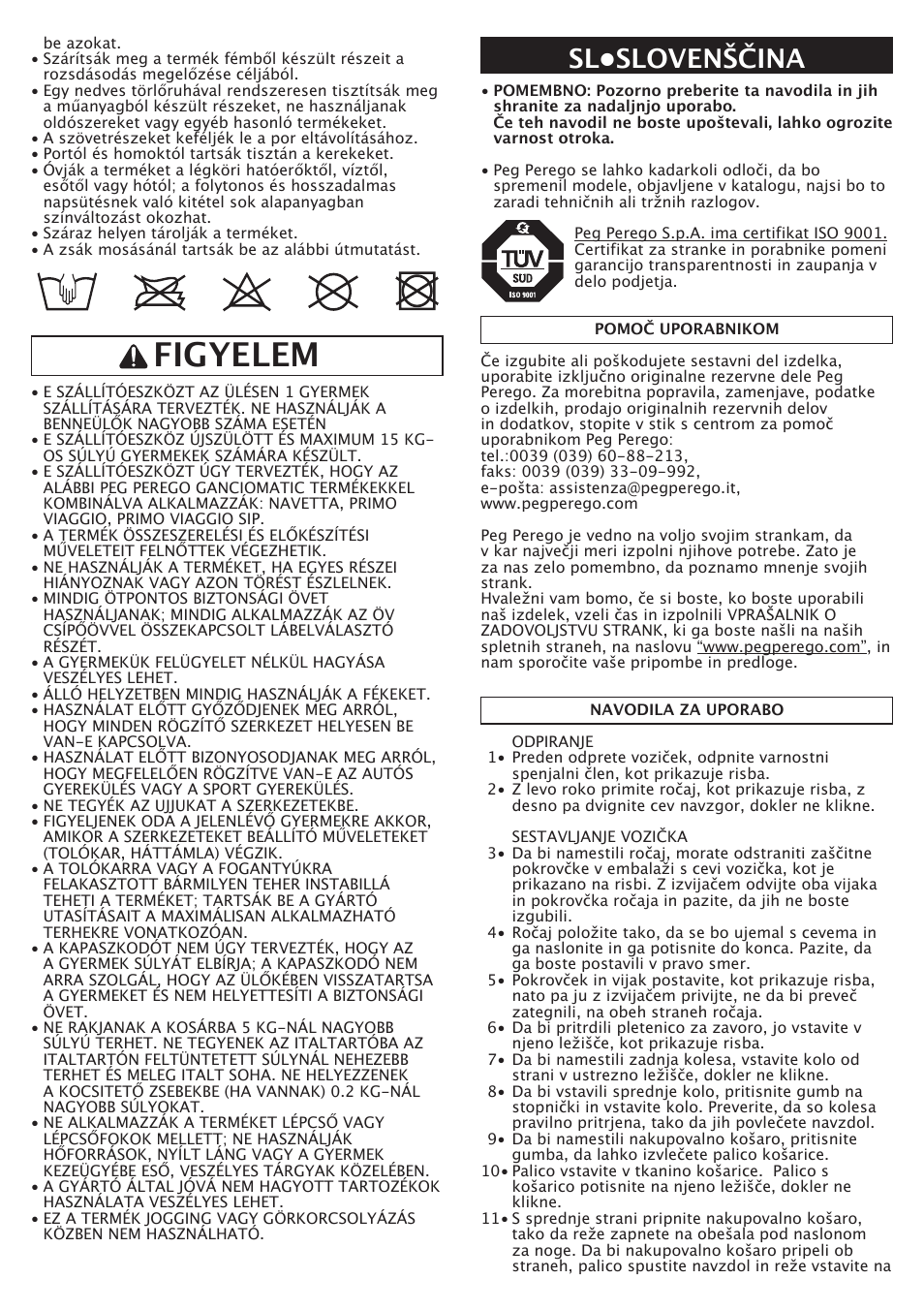 Figyelem, Sl•slovenščina | Peg-Perego GT3 User Manual | Page 58 / 76