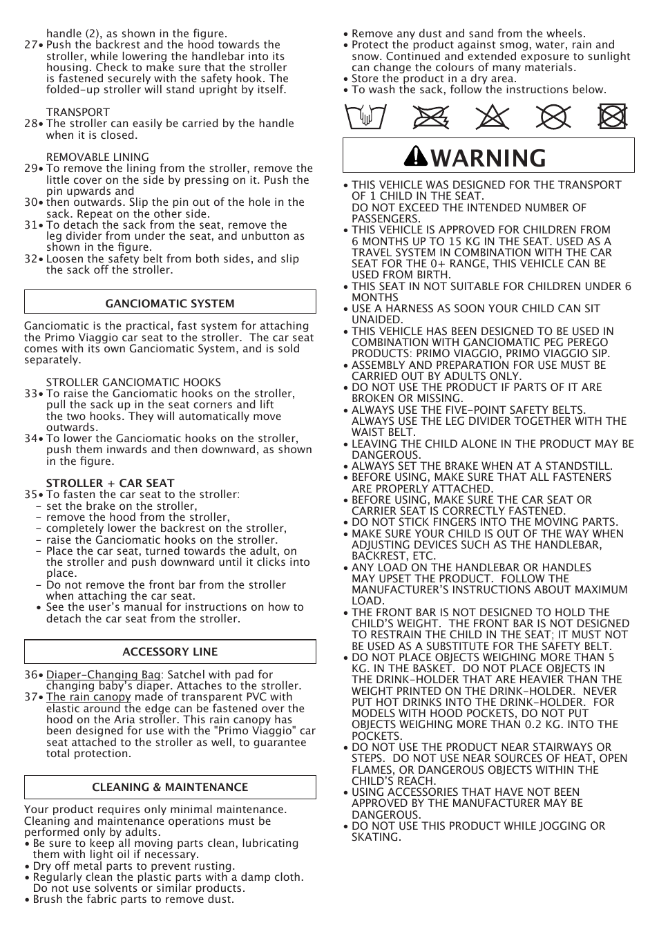 Warning | Peg-Perego Aria OH User Manual | Page 14 / 52