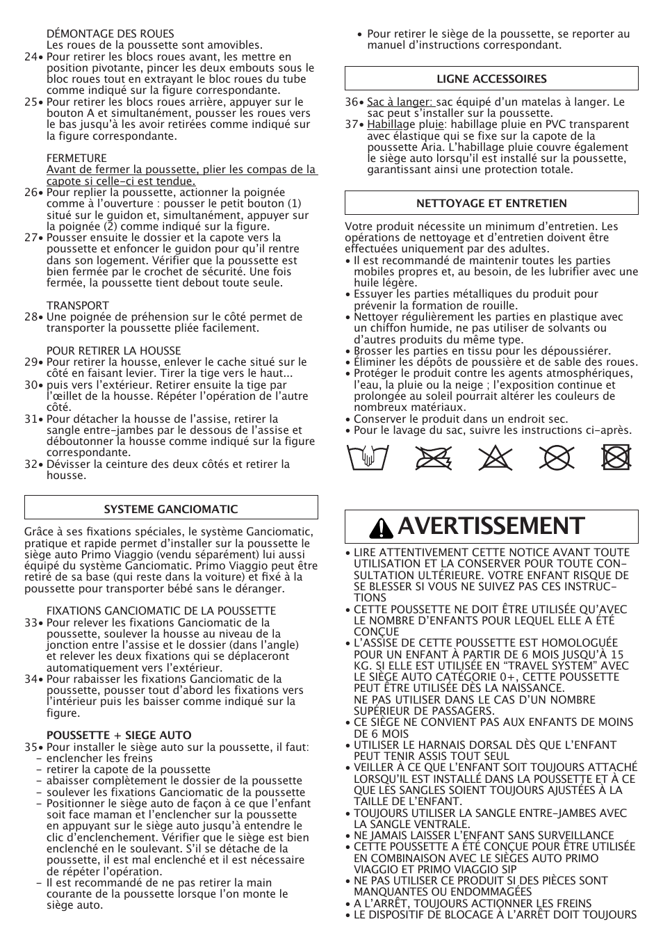 Avertissement | Peg-Perego Aria OH User Manual | Page 16 / 52