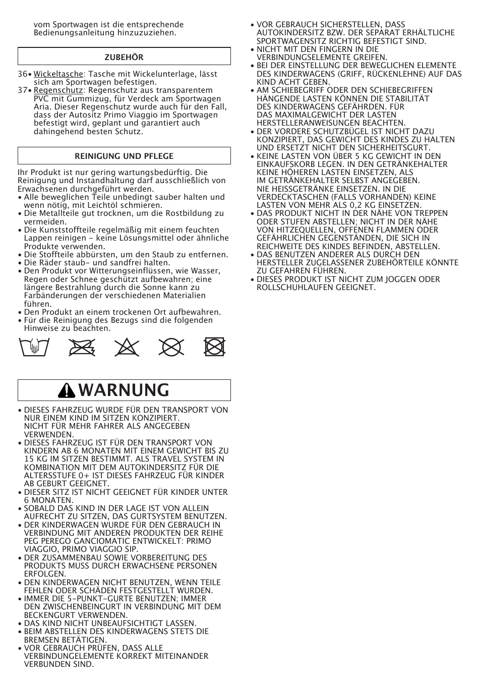 Warnung | Peg-Perego Aria OH User Manual | Page 19 / 52