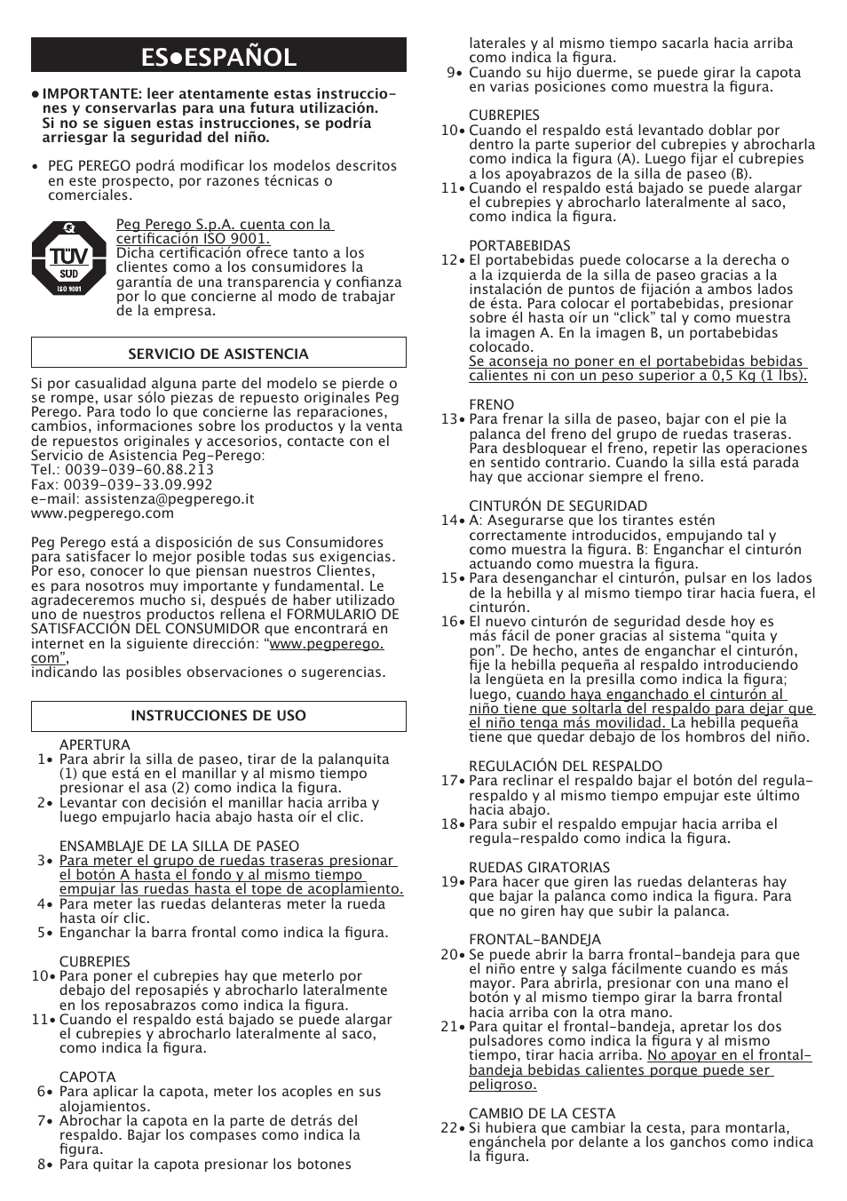 Es•español | Peg-Perego Aria OH User Manual | Page 20 / 52