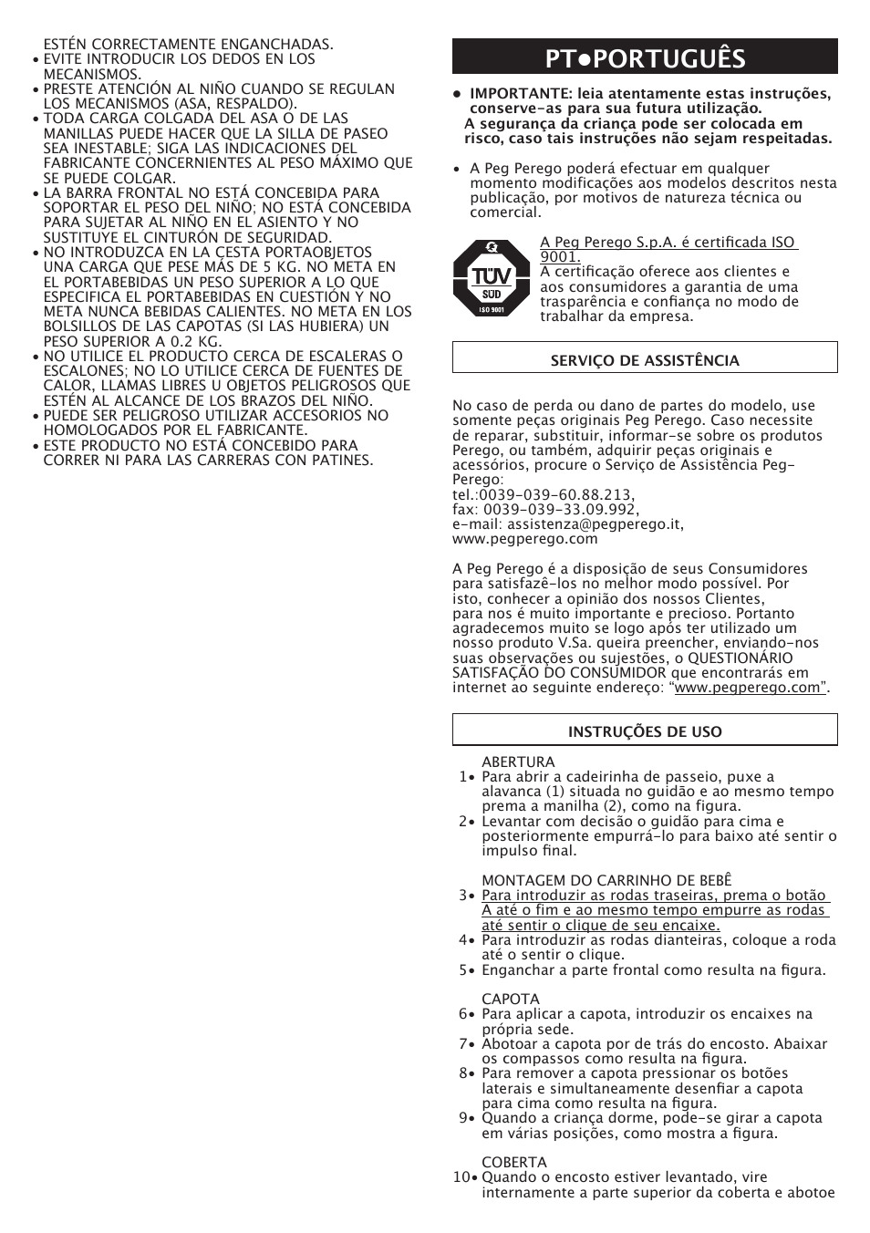 Pt•português | Peg-Perego Aria OH User Manual | Page 22 / 52