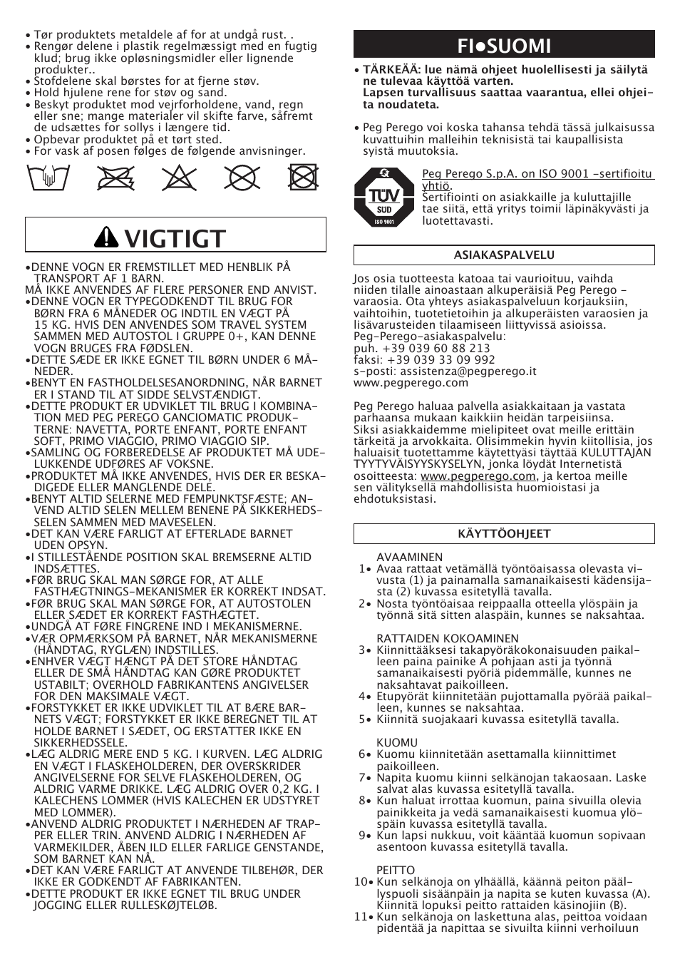 Vigtigt, Fi•suomi | Peg-Perego Aria OH User Manual | Page 29 / 52
