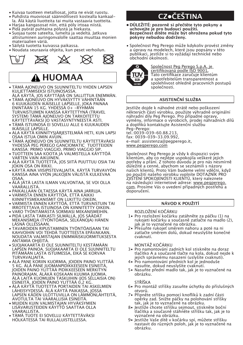 Huomaa, Cz•čeština | Peg-Perego Aria OH User Manual | Page 31 / 52