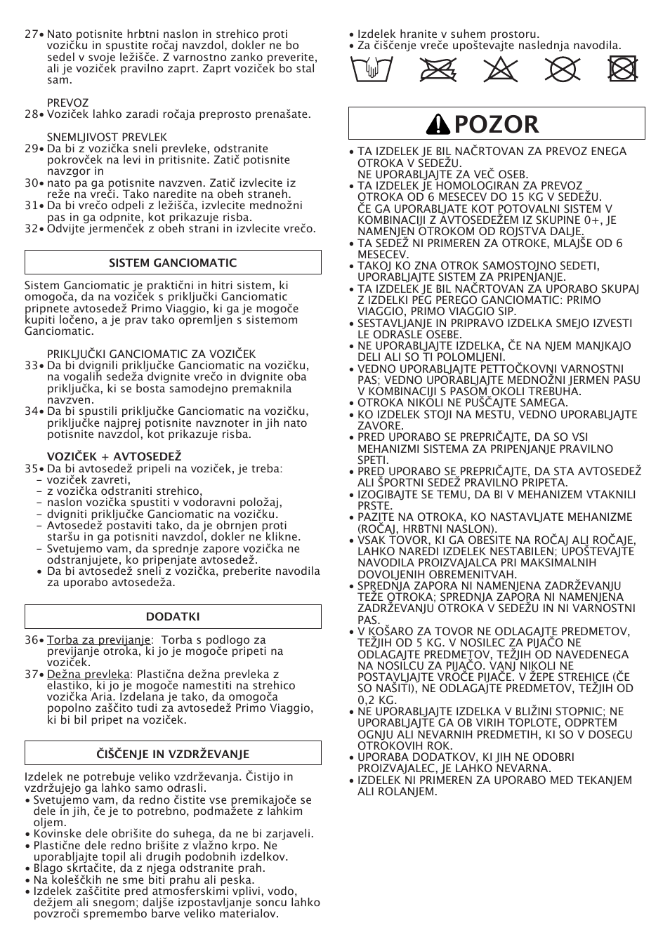 Pozor | Peg-Perego Aria OH User Manual | Page 40 / 52