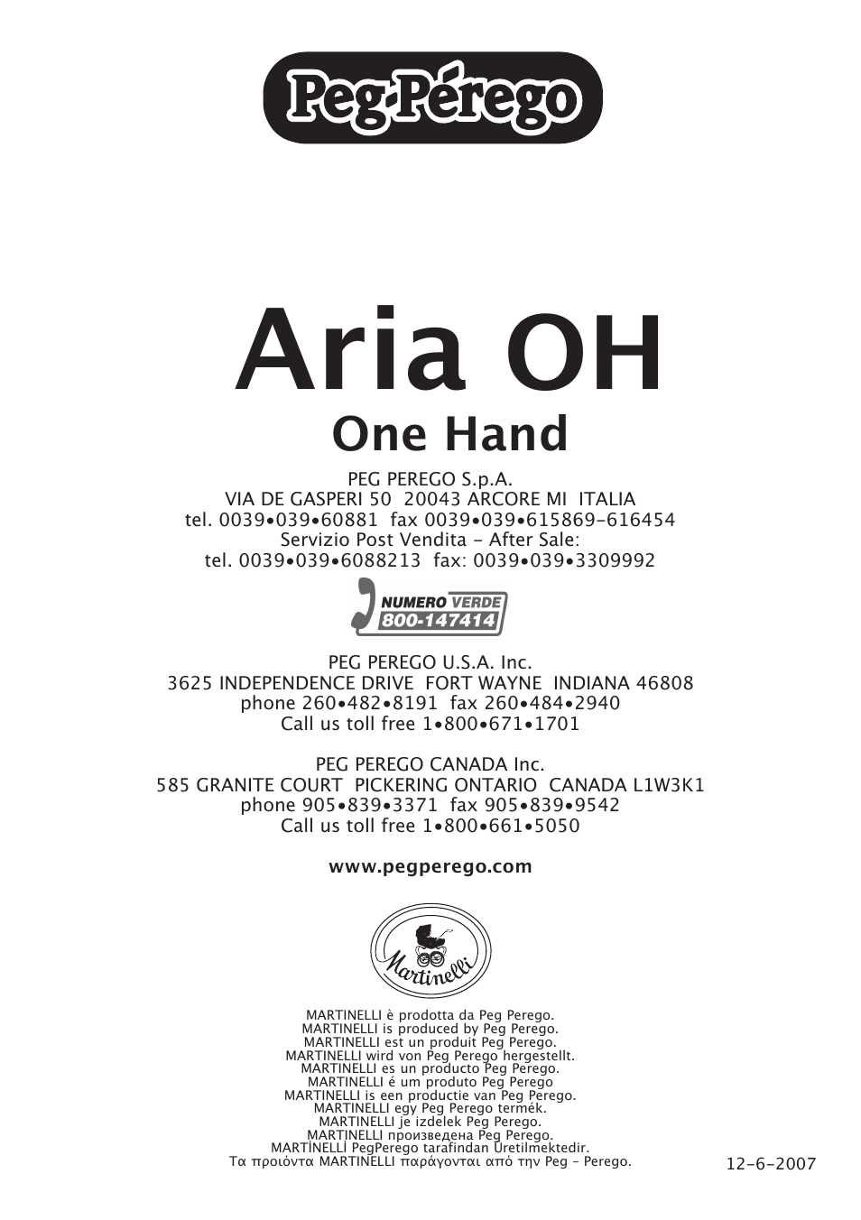 Aria, One hand | Peg-Perego Aria OH User Manual | Page 52 / 52