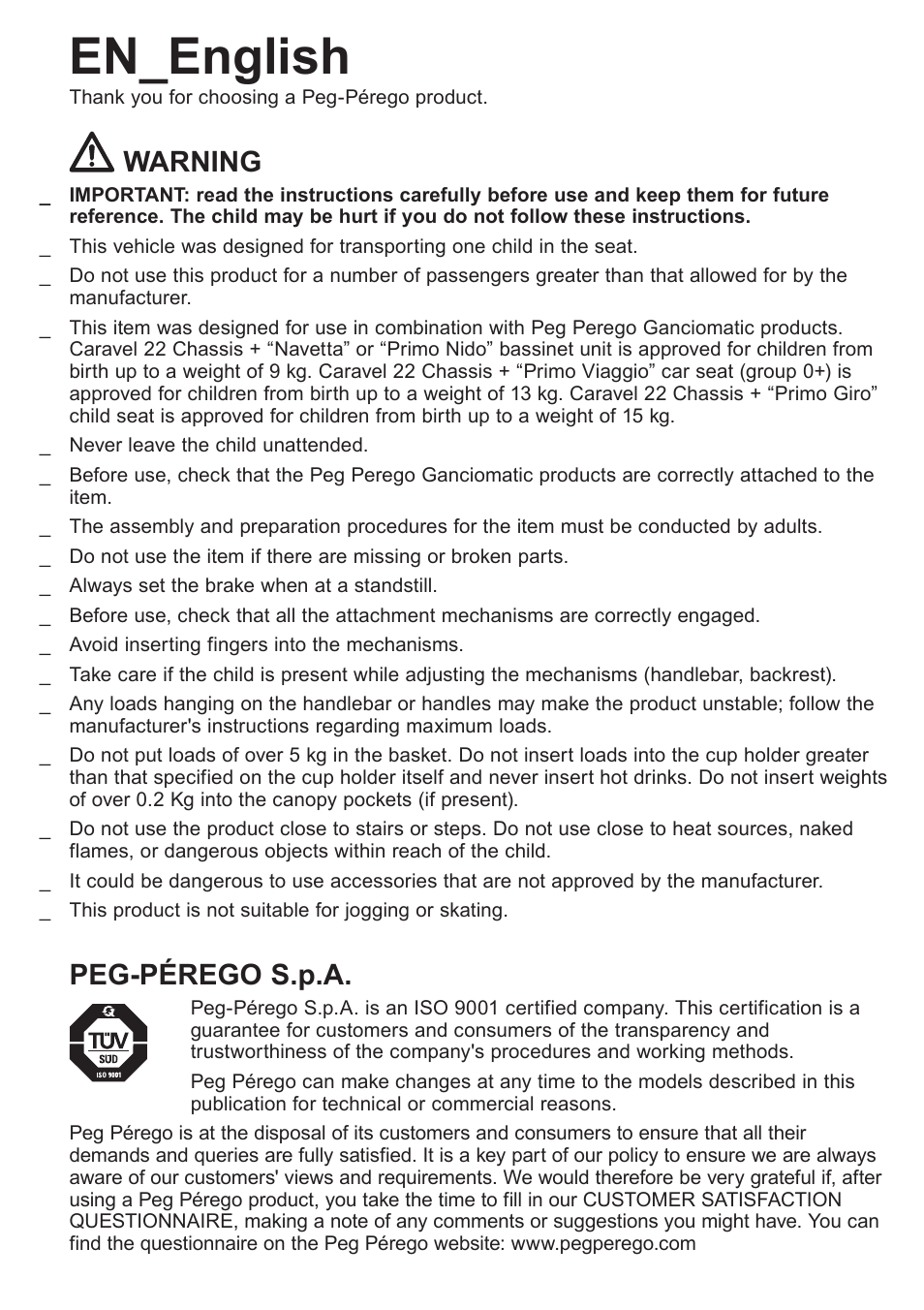 En_english, Warning, Peg-pérego s.p.a | Peg-Perego Caravel 22 User Manual | Page 10 / 56