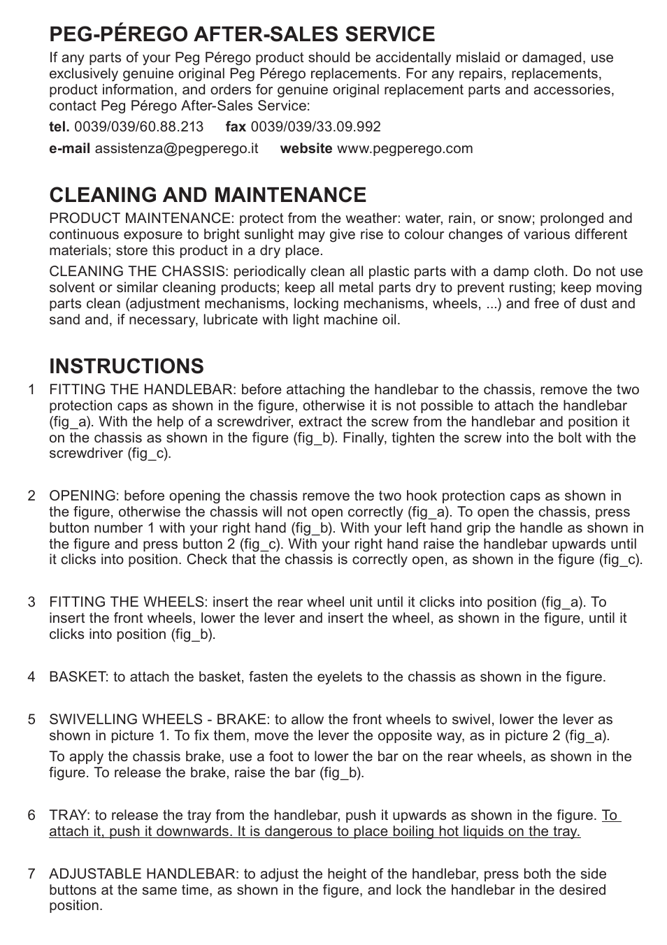 Peg-pérego after-sales service, Cleaning and maintenance, Instructions | Peg-Perego Caravel 22 User Manual | Page 11 / 56