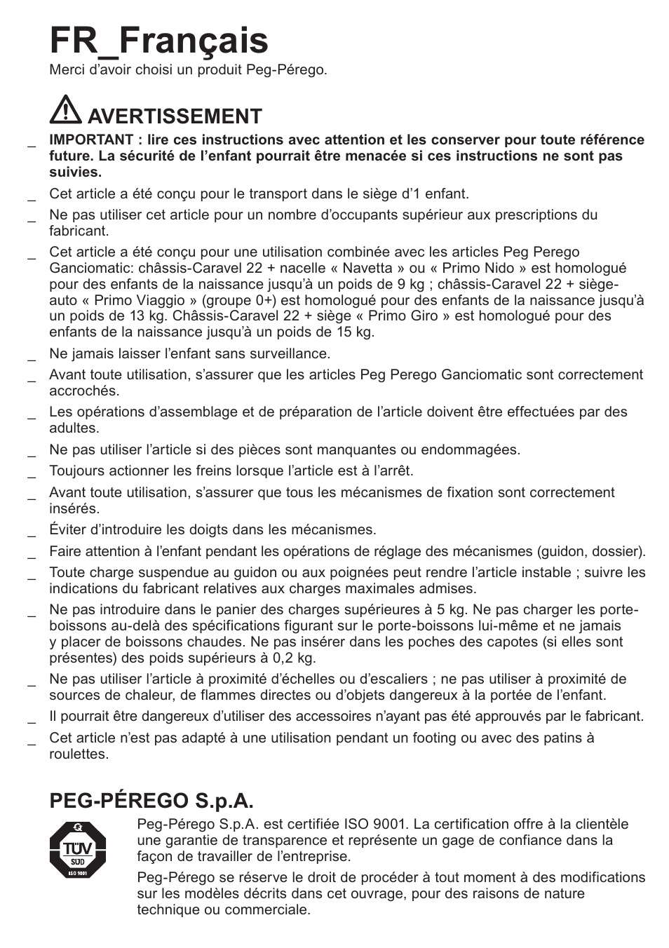 Fr_français, Avertissement, Peg-pérego s.p.a | Peg-Perego Caravel 22 User Manual | Page 13 / 56