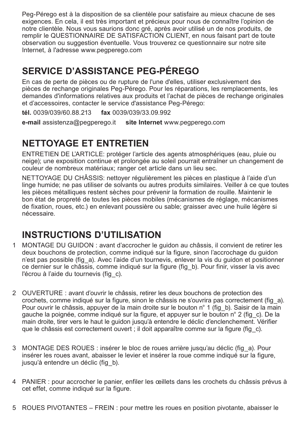 Service d’assistance peg-pérego, Nettoyage et entretien, Instructions d’utilisation | Peg-Perego Caravel 22 User Manual | Page 14 / 56