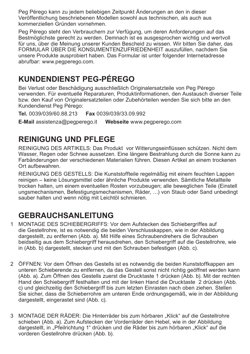 Kundendienst peg-pérego, Reinigung und pflege, Gebrauchsanleitung | Peg-Perego Caravel 22 User Manual | Page 17 / 56