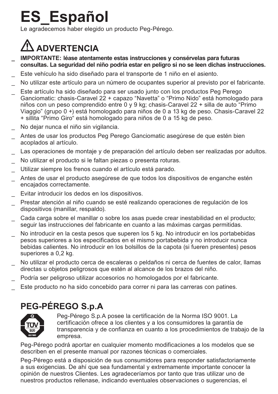 Es_español, Advertencia, Peg-pérego s.p.a | Peg-Perego Caravel 22 User Manual | Page 19 / 56
