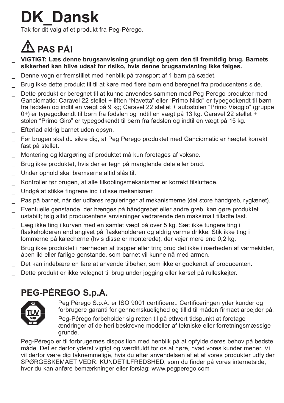 Dk_dansk, Pas på, Peg-pérego s.p.a | Peg-Perego Caravel 22 User Manual | Page 28 / 56