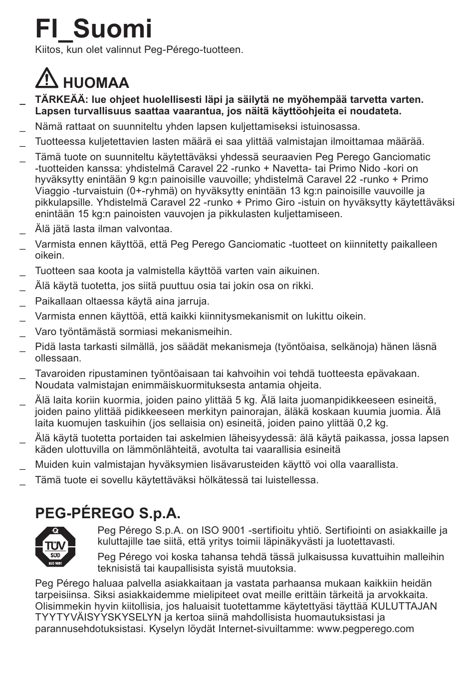 Fi_suomi, Huomaa, Peg-pérego s.p.a | Peg-Perego Caravel 22 User Manual | Page 31 / 56