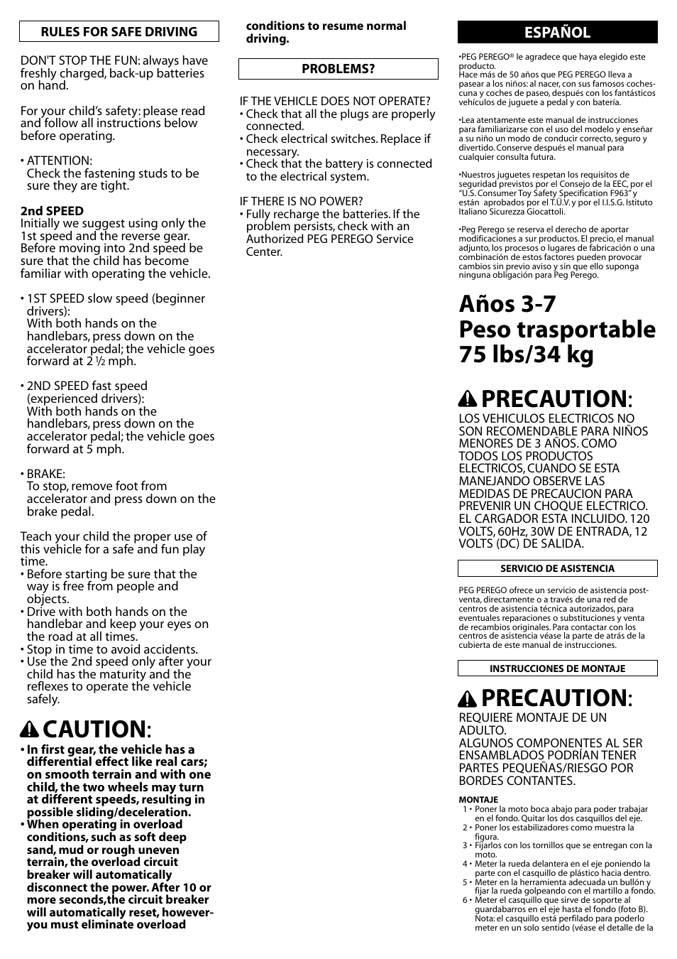 Caution, Precaution, Español | Peg-Perego IGMC0006US User Manual | Page 10 / 16