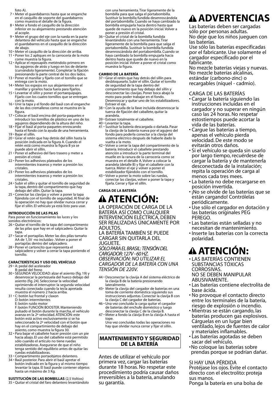 Advertencias, Atención, Mantenimiento y seguridad de la batería | Peg-Perego IGMC0006US User Manual | Page 11 / 16