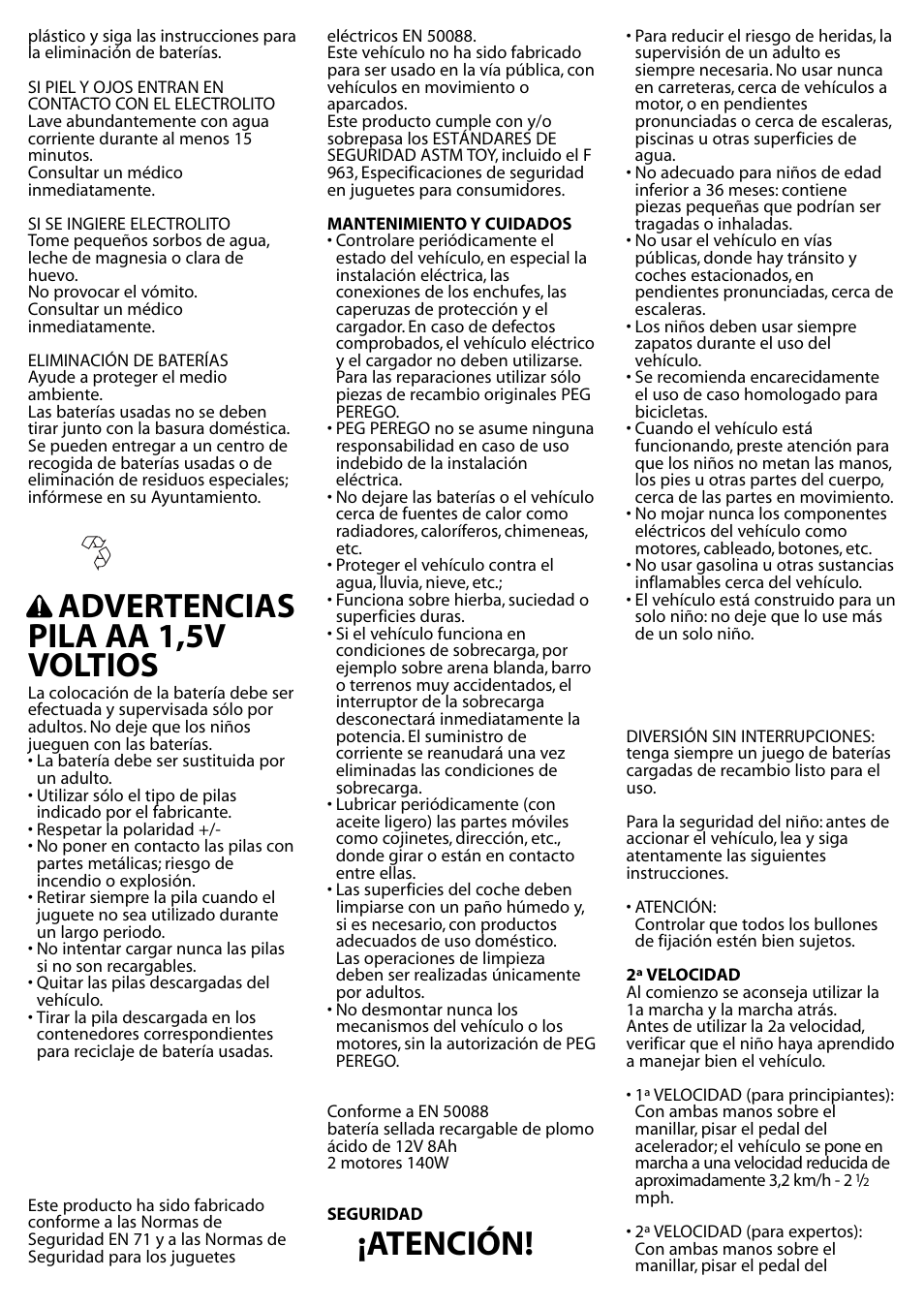 Atención, Advertencias pila aa 1,5v voltios | Peg-Perego IGMC0006US User Manual | Page 12 / 16