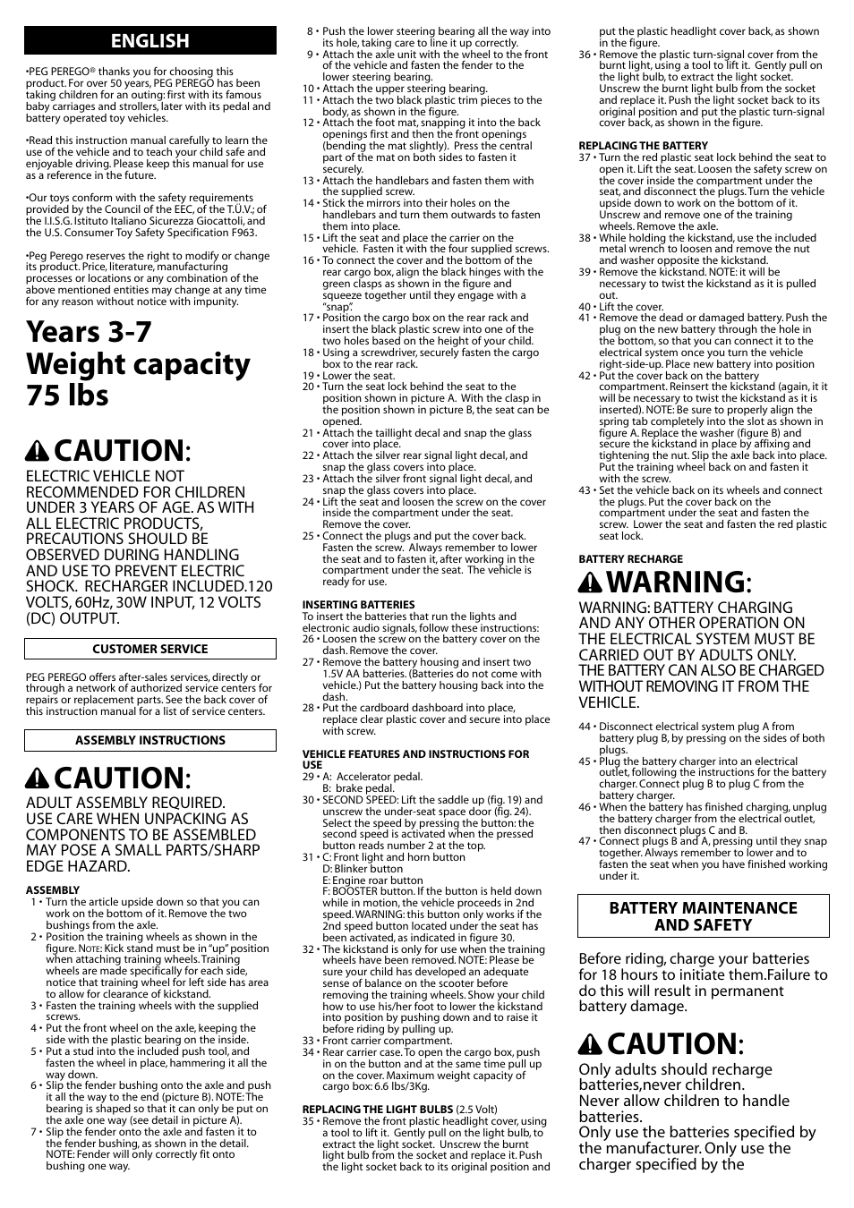 Years 3-7 weight capacity 75 lbs caution, Caution, Warning | English, Battery maintenance and safety | Peg-Perego IGMC0006US User Manual | Page 8 / 16