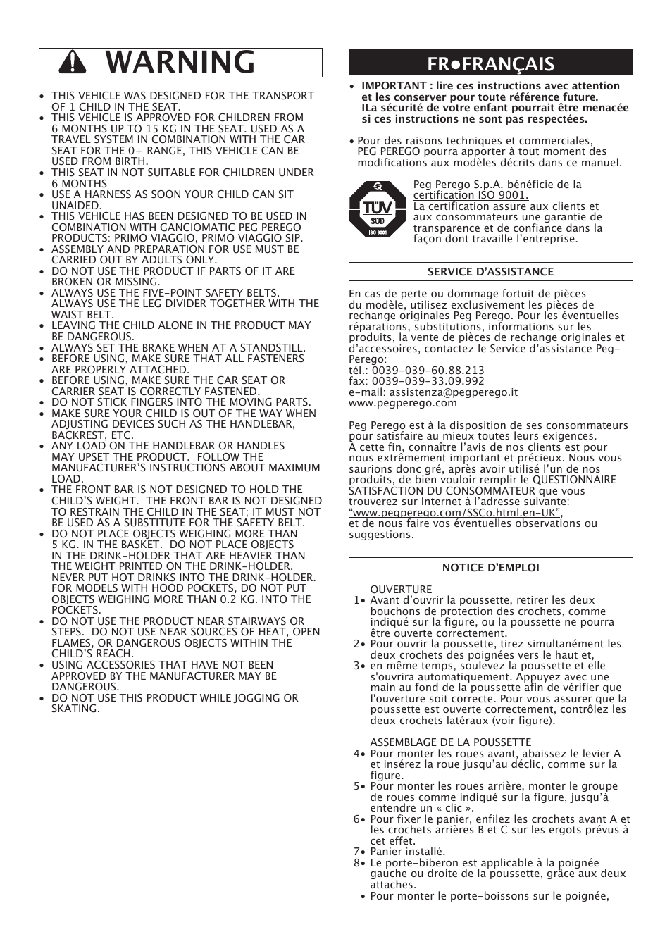 Warning, Fr•français | Peg-Perego Pliko X-Lite User Manual | Page 13 / 48
