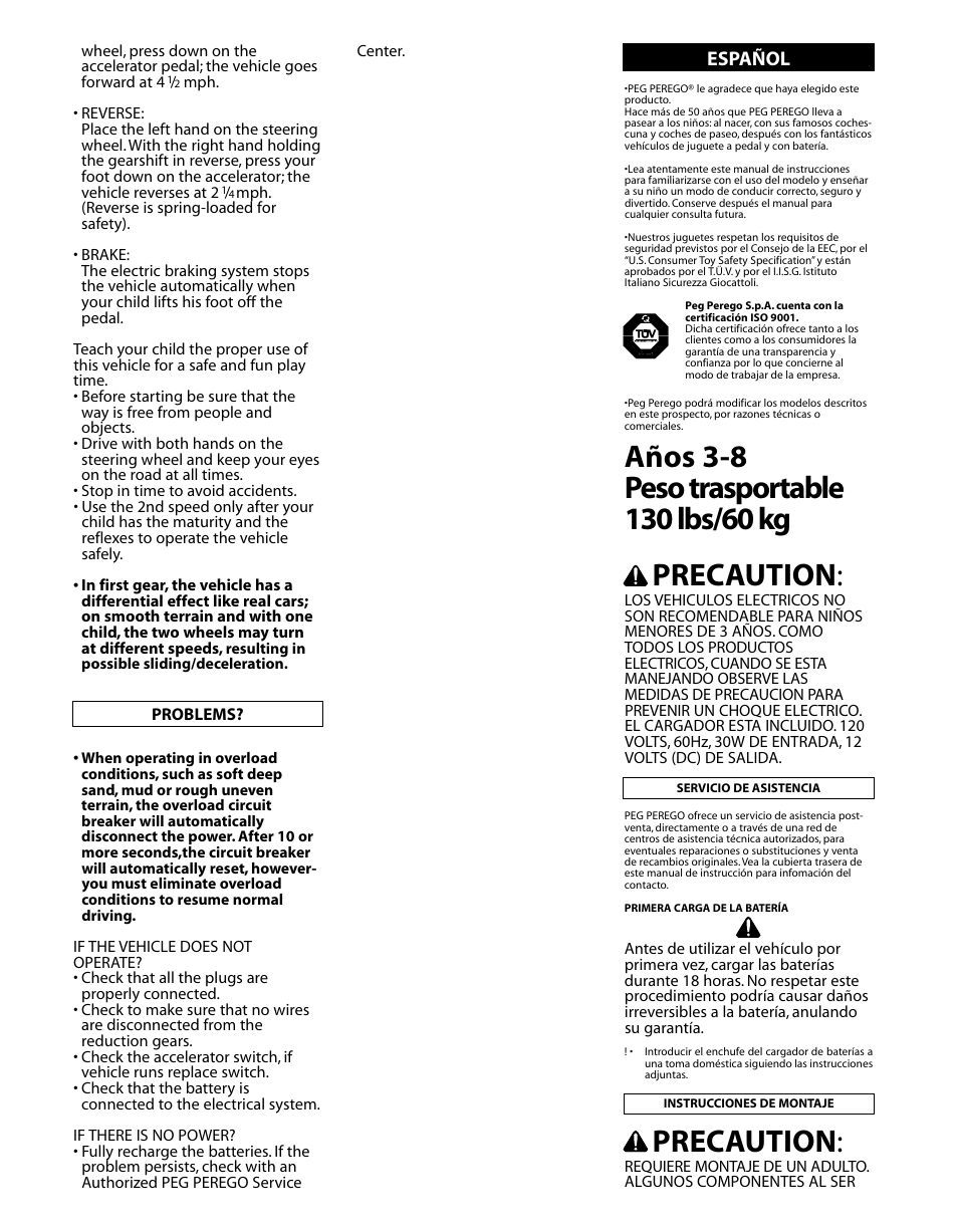Precaution, Español | Peg-Perego GATOR HPX SE IGOD0051 User Manual | Page 10 / 20