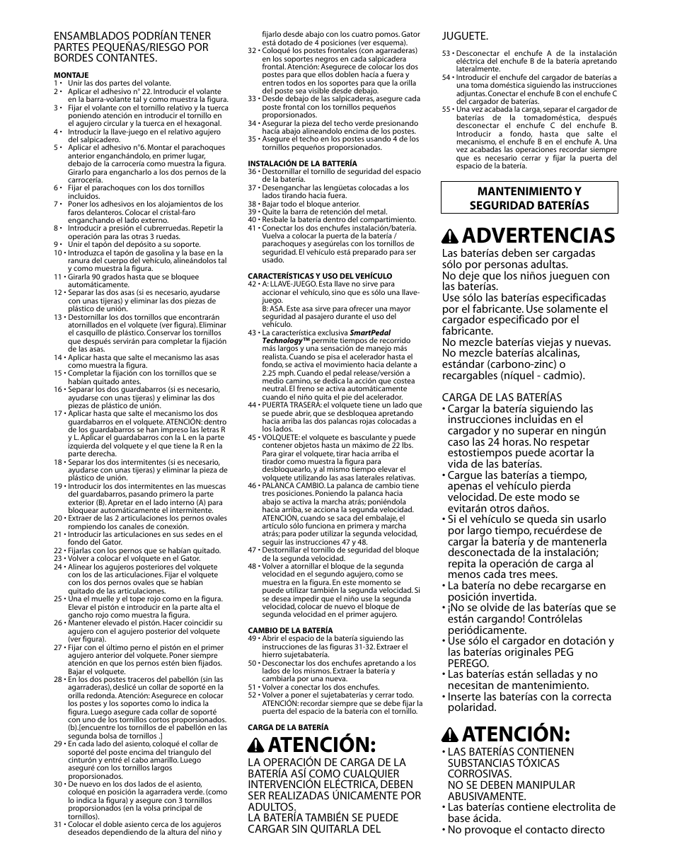 Atención, Advertencias, Mantenimiento y seguridad baterías | Peg-Perego GATOR HPX SE IGOD0051 User Manual | Page 11 / 20