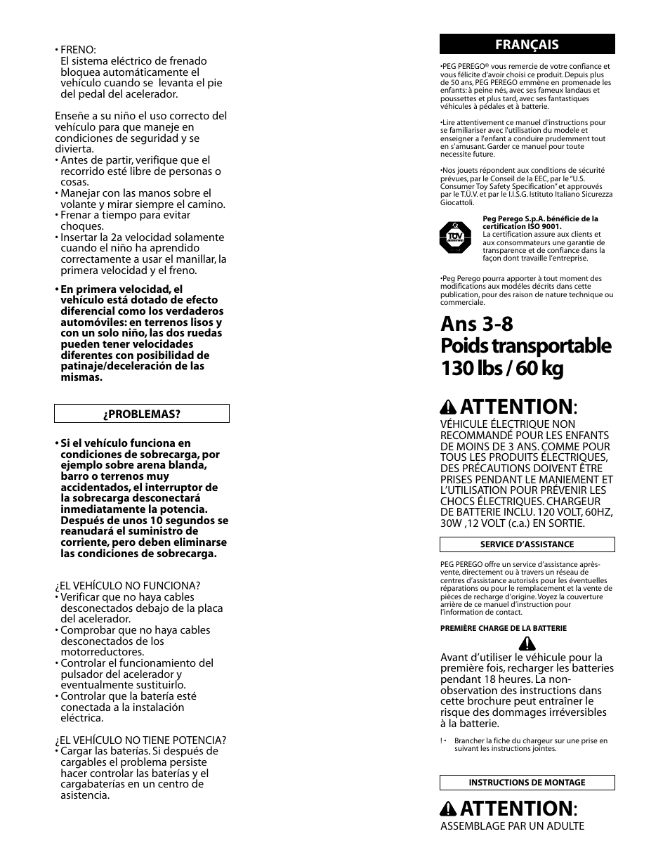 Attention, Français | Peg-Perego GATOR HPX SE IGOD0051 User Manual | Page 13 / 20