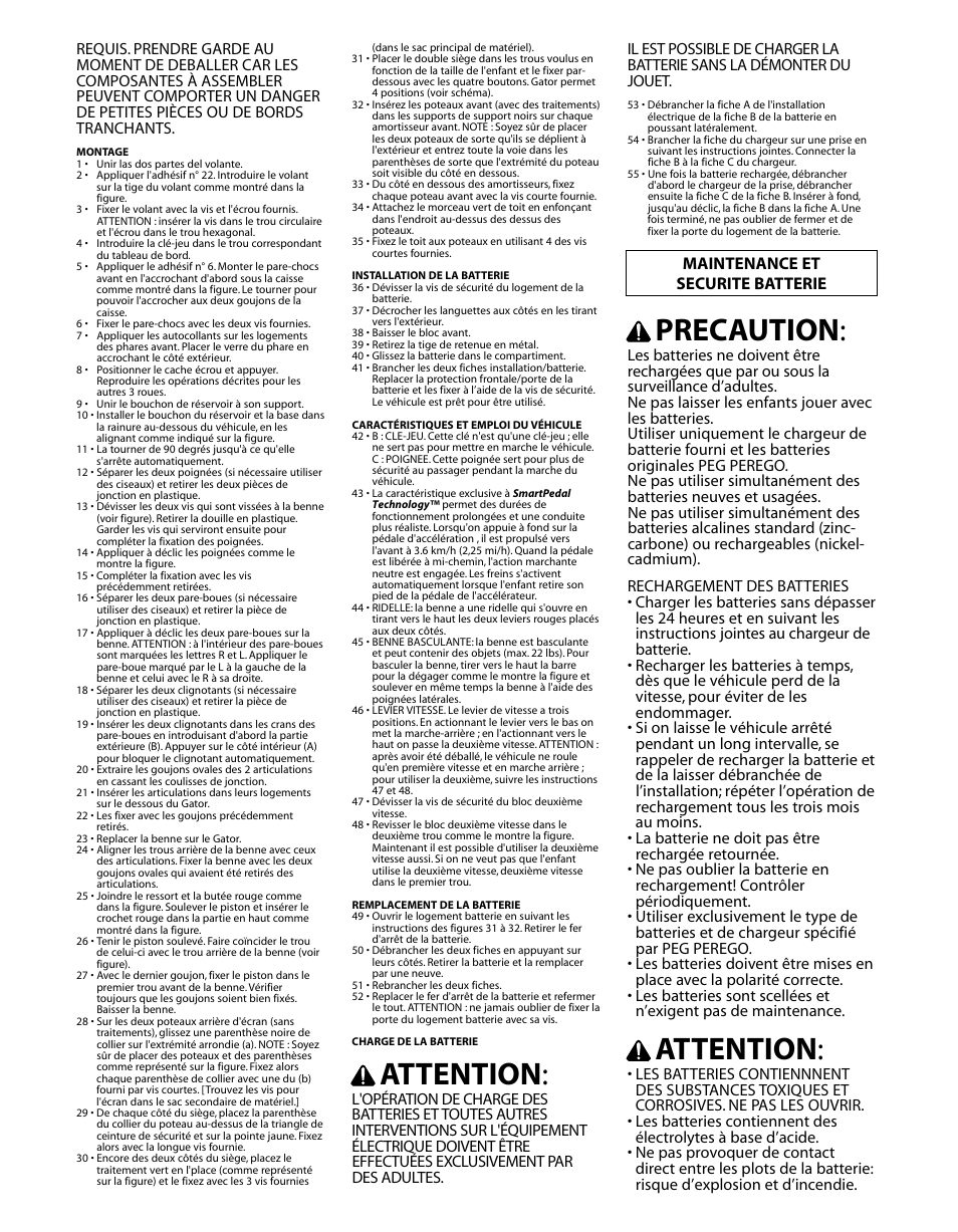 Precaution, Attention, Maintenance et securite batterie | Peg-Perego GATOR HPX SE IGOD0051 User Manual | Page 14 / 20