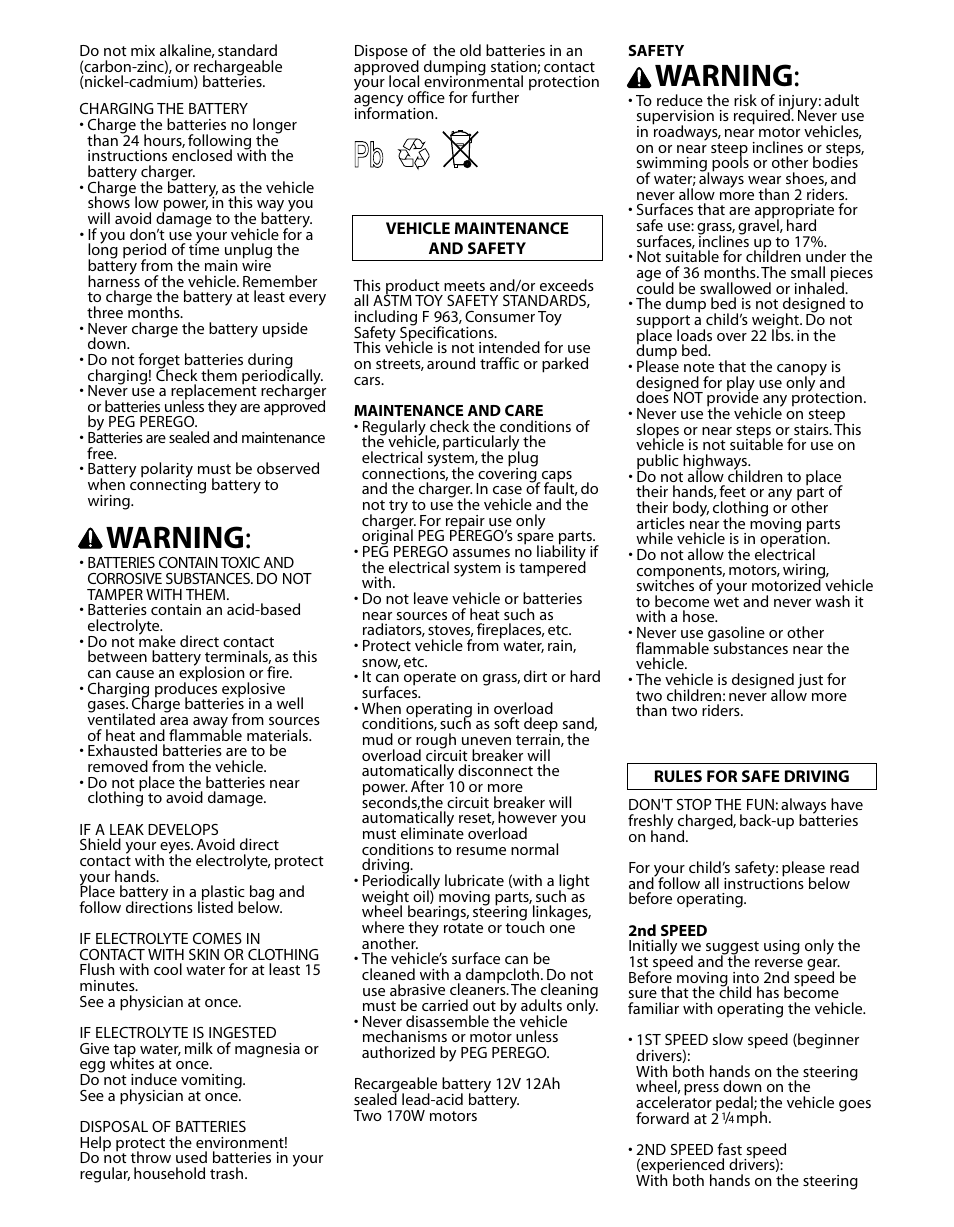 Warning | Peg-Perego GATOR HPX SE IGOD0051 User Manual | Page 9 / 20