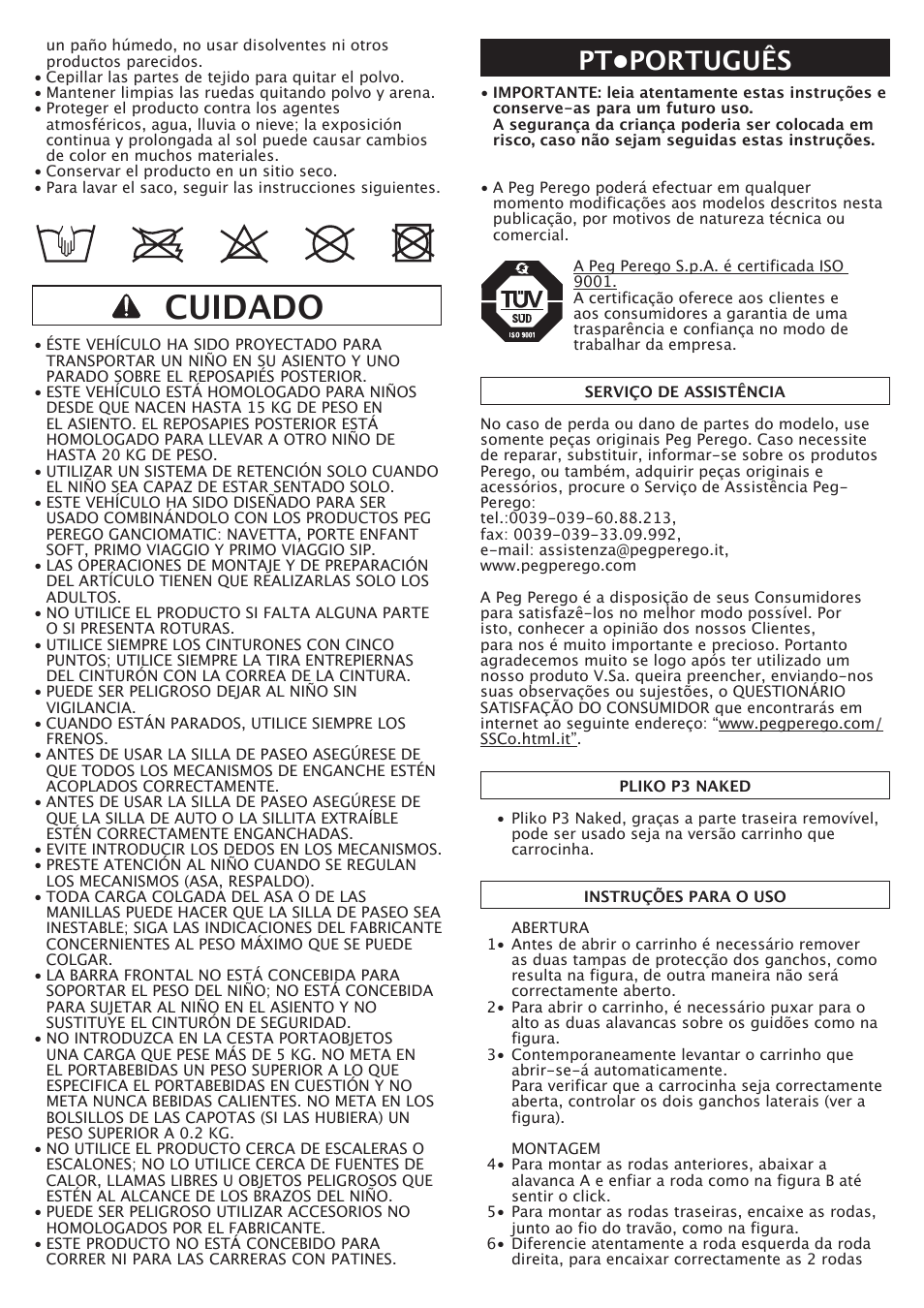 Cuidado, Pt•português | Peg-Perego Pliko P3 Naked User Manual | Page 36 / 80