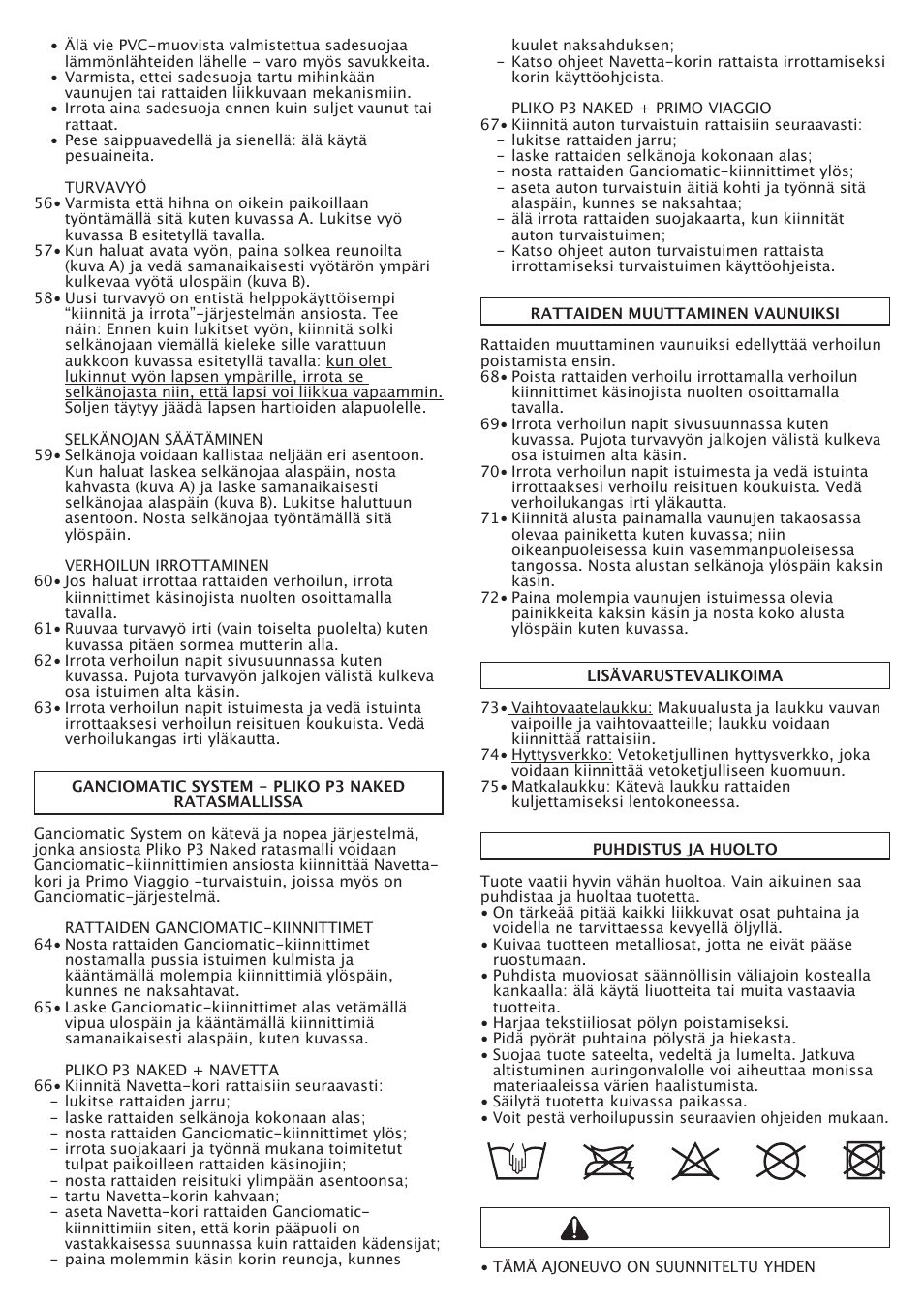Huomio | Peg-Perego Pliko P3 Naked User Manual | Page 50 / 80