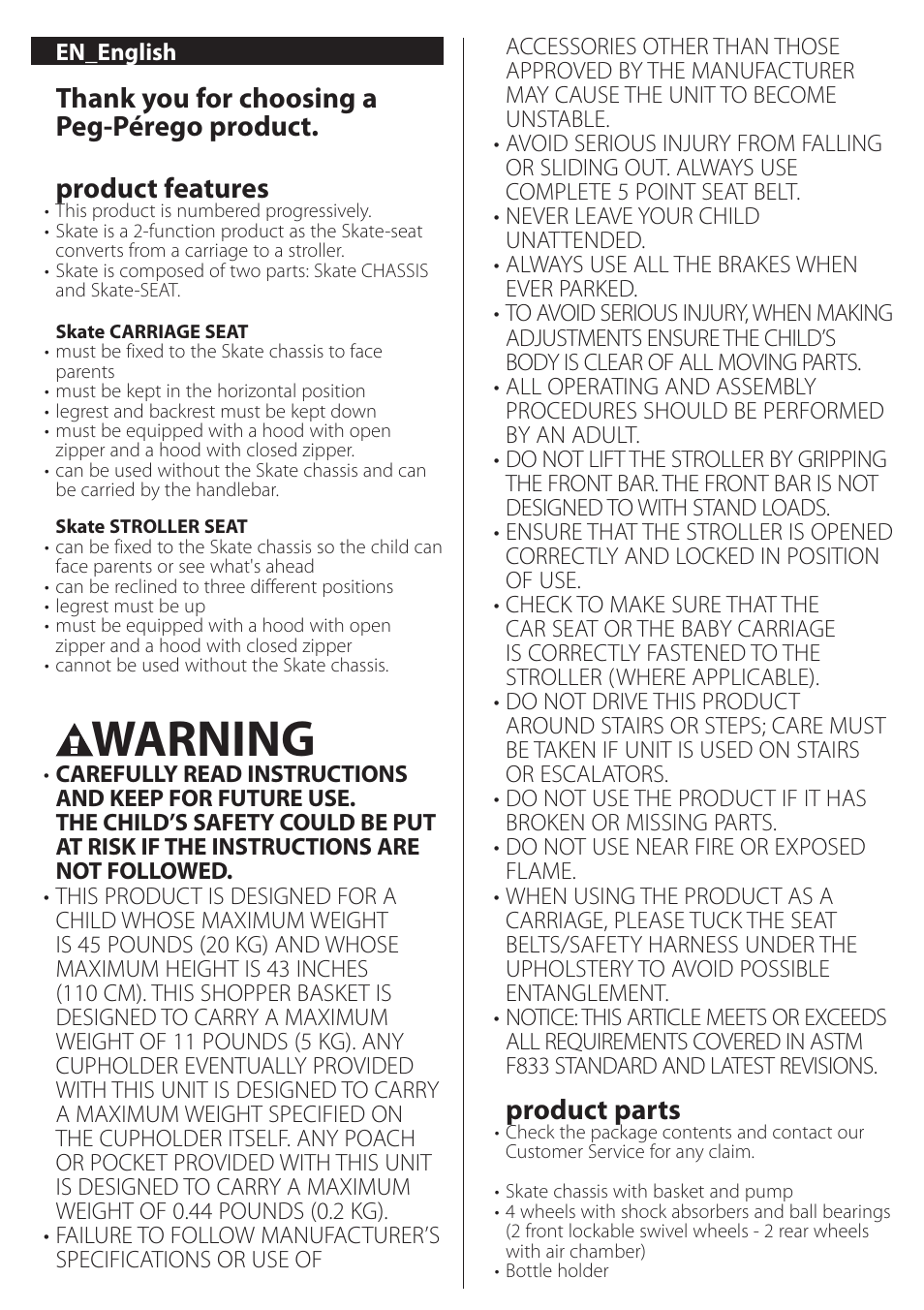 Warning, Product features, Product parts | Peg-Perego SKATE User Manual | Page 15 / 32