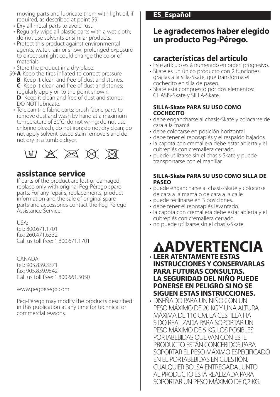 Advertencia, Assistance service | Peg-Perego SKATE User Manual | Page 19 / 32