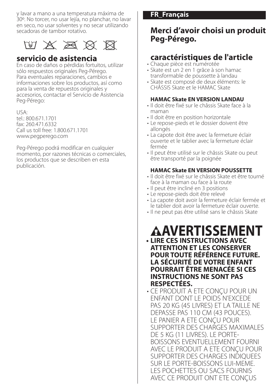 Avertissement, Servicio de asistencia | Peg-Perego SKATE User Manual | Page 24 / 32