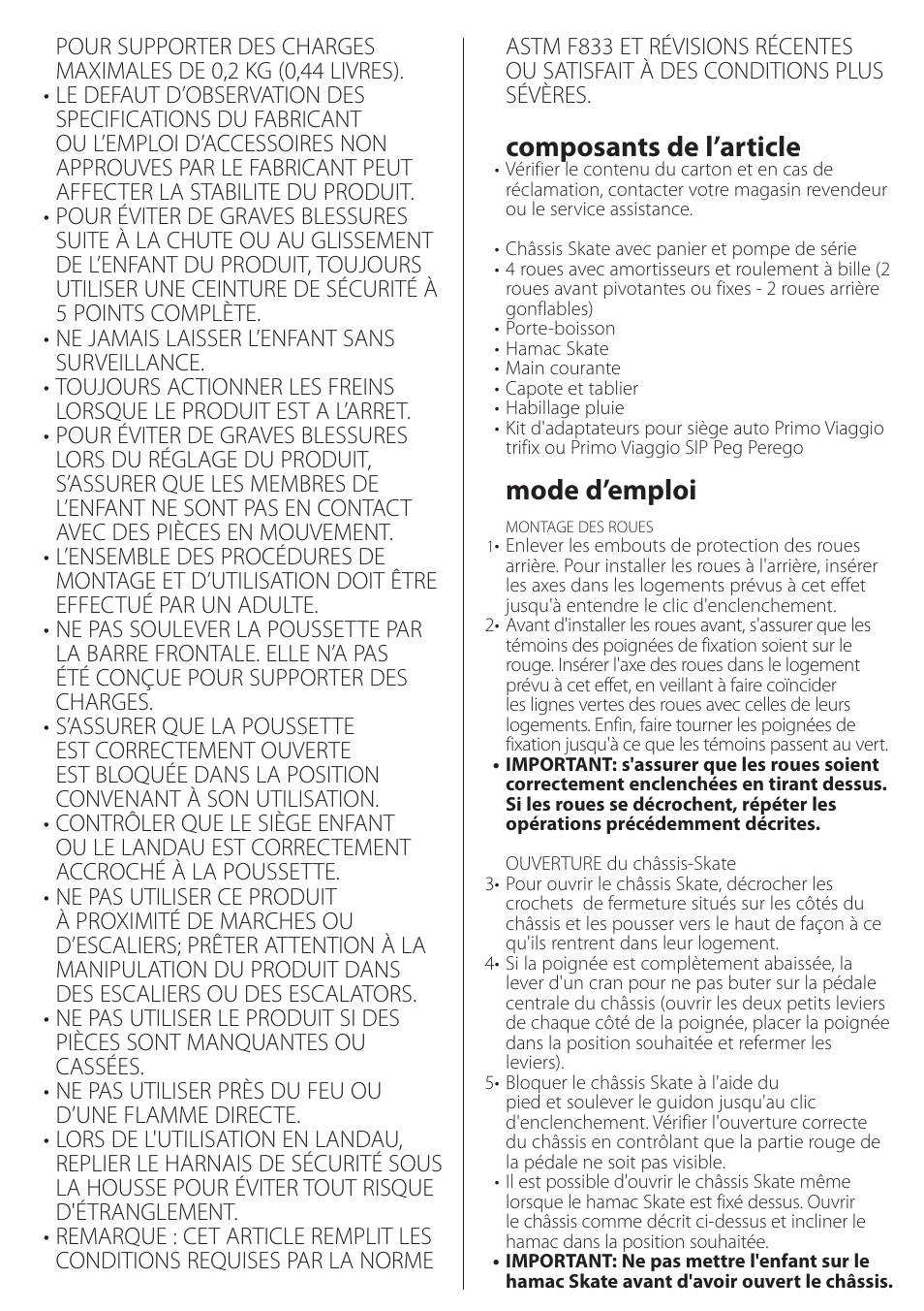 Composants de l’article, Mode d’emploi | Peg-Perego SKATE User Manual | Page 25 / 32