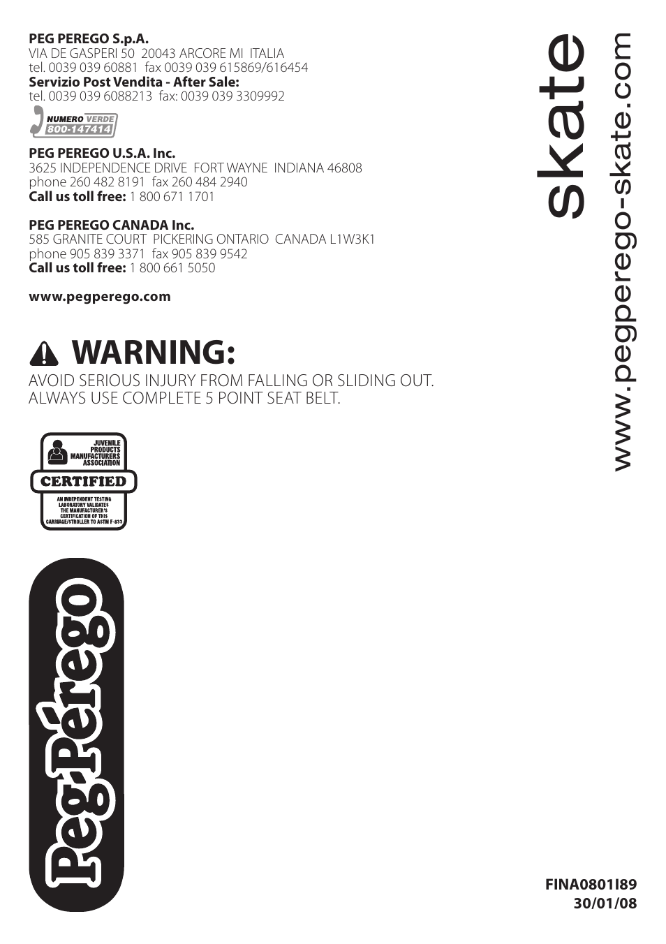 Skate, Warning | Peg-Perego SKATE User Manual | Page 32 / 32