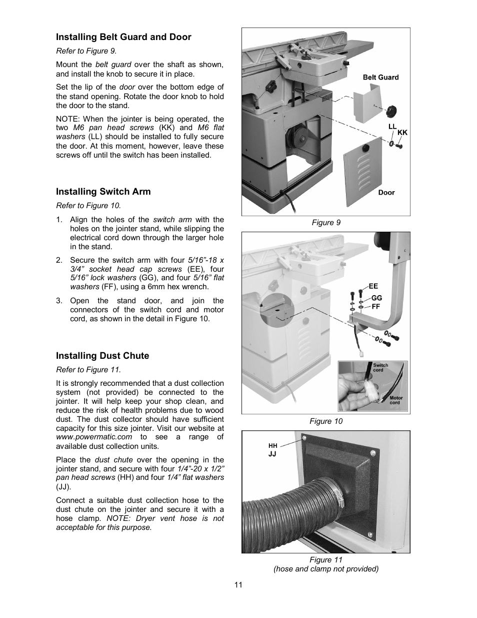 Installing belt guard and door, Installing switch arm, Installing dust chute | Powermatic 60HH User Manual | Page 11 / 44