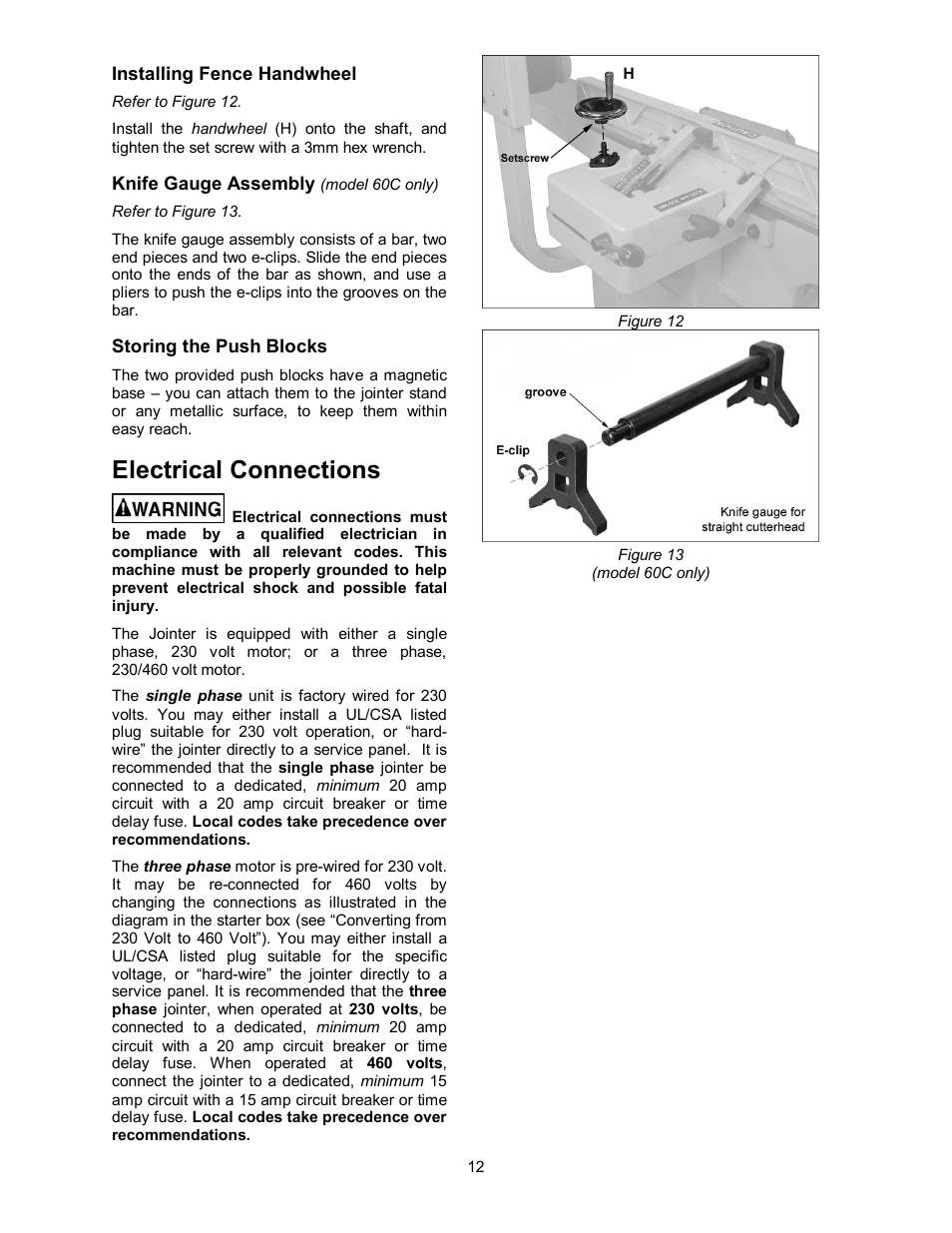 Installing fence handwheel, Knife gauge assembly (model 60c only), Storing the push blocks | Electrical connections | Powermatic 60HH User Manual | Page 12 / 44