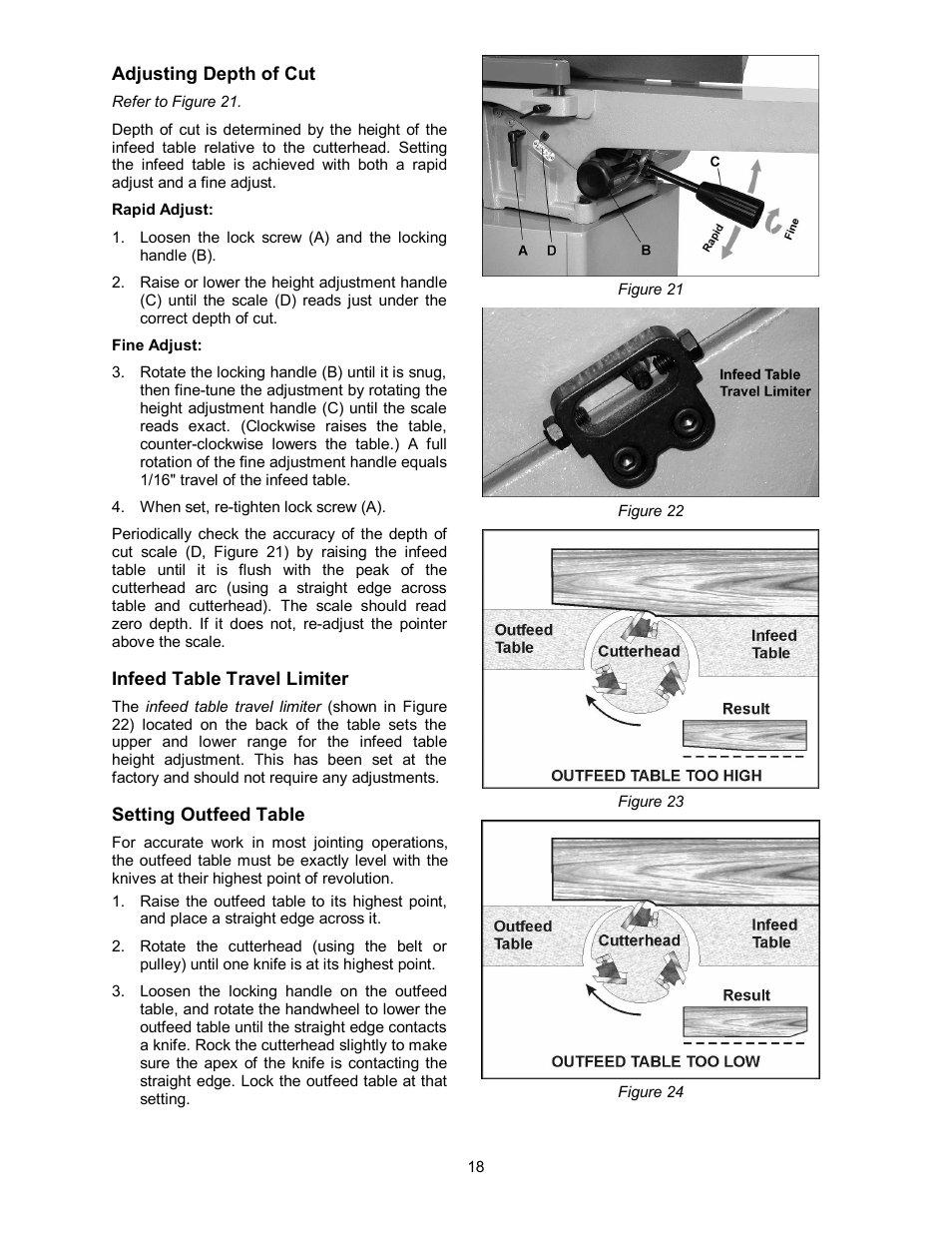 Adjusting depth of cut, Infeed table travel limiter, Setting outfeed table | Powermatic 60HH User Manual | Page 18 / 44