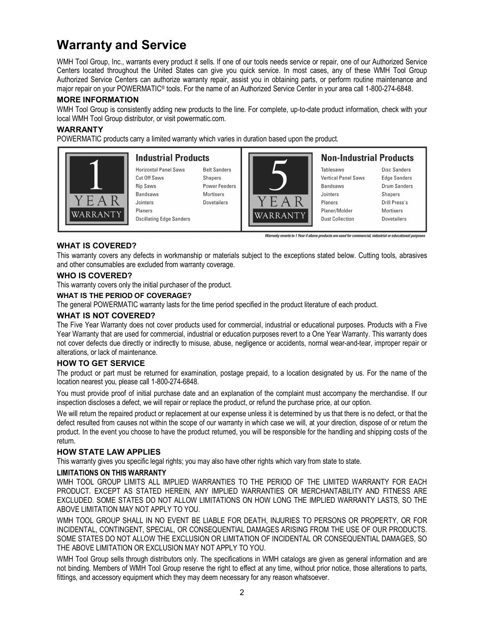 Warranty and service | Powermatic 60HH User Manual | Page 2 / 44