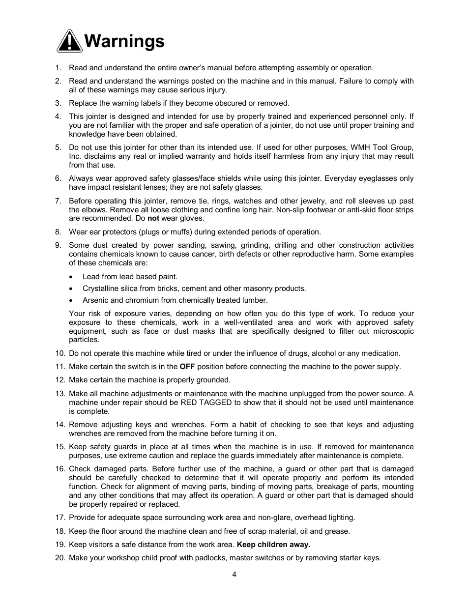 Warnings | Powermatic 60HH User Manual | Page 4 / 44