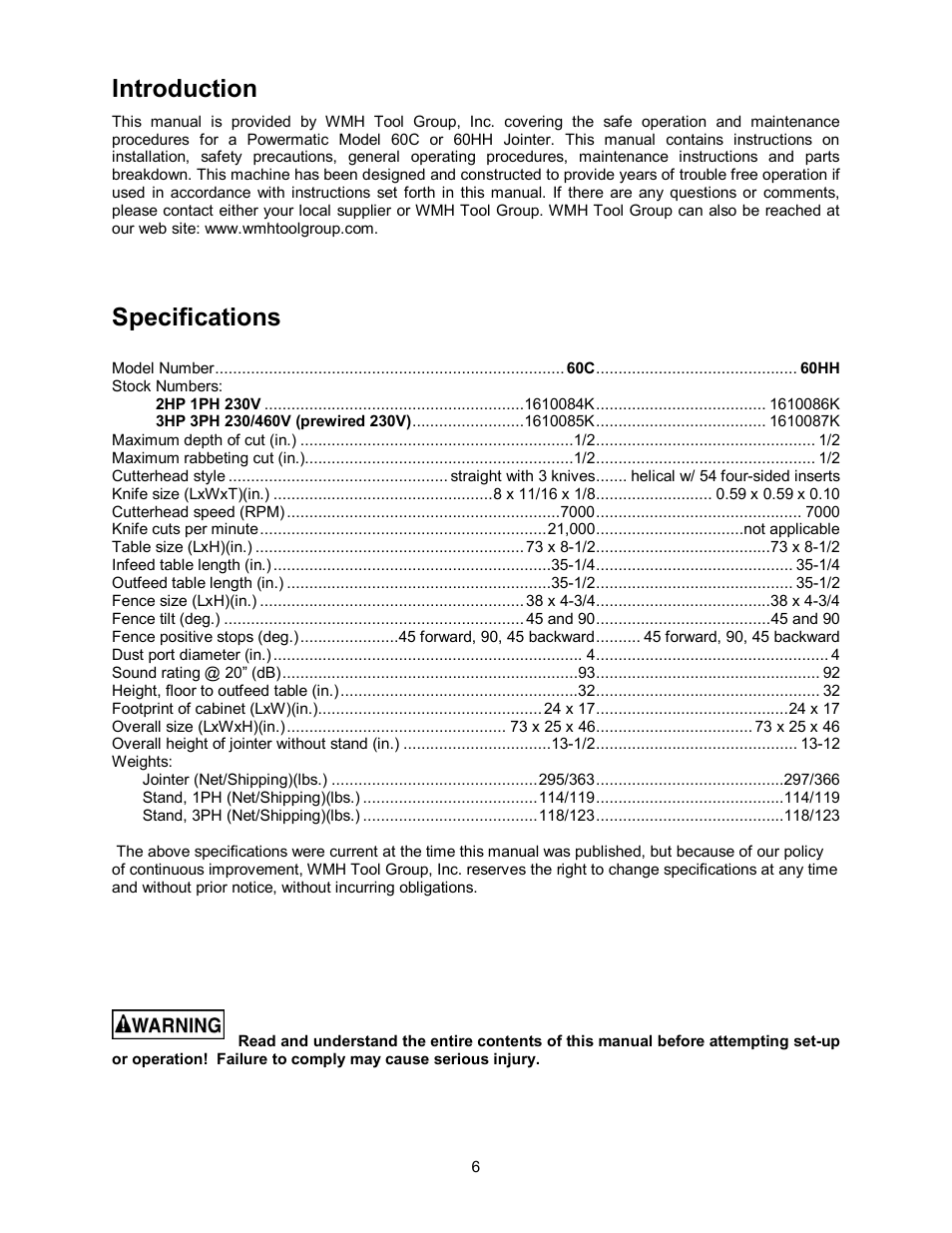 Specifications, Introduction | Powermatic 60HH User Manual | Page 6 / 44