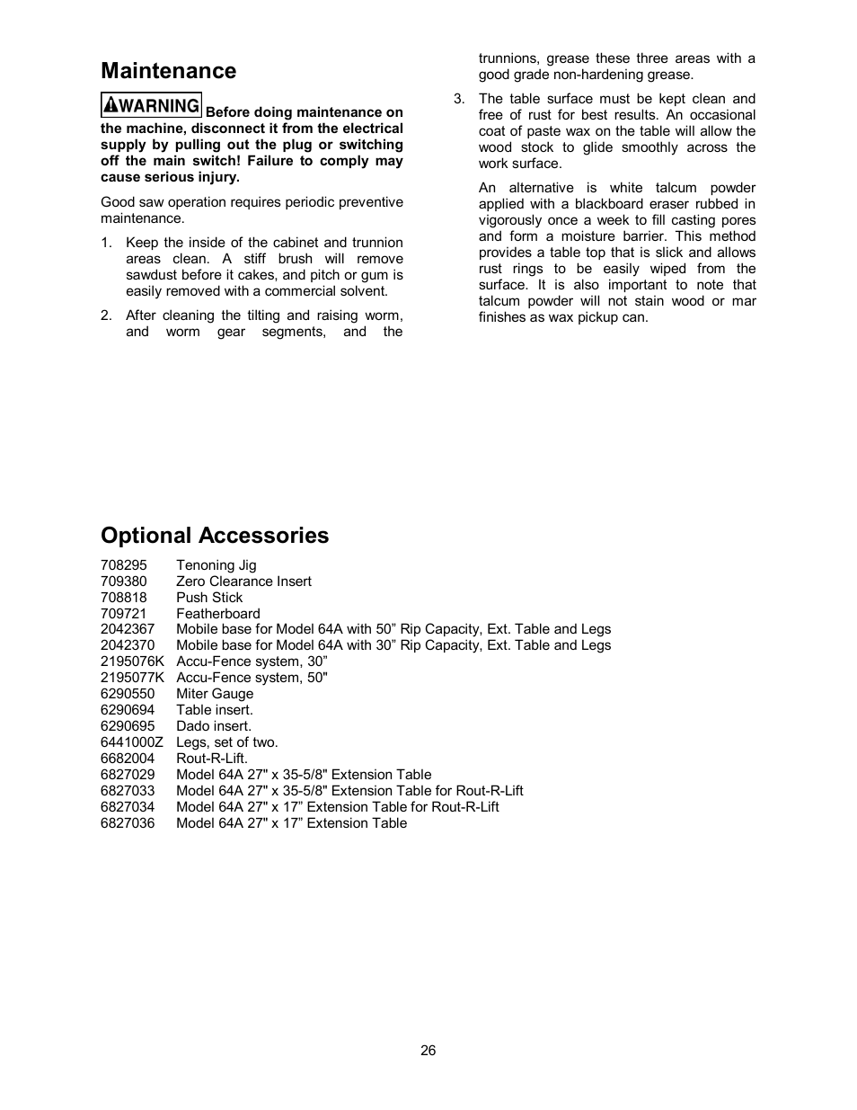 Maintenance, Optional accessories | Powermatic 64A User Manual | Page 26 / 36