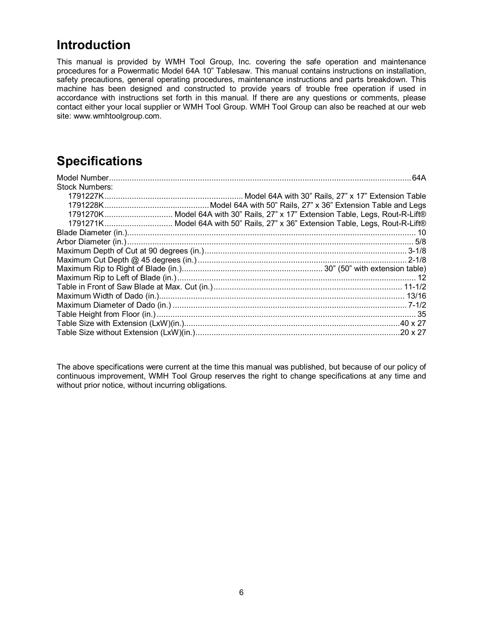 Introduction, Specifications | Powermatic 64A User Manual | Page 6 / 36