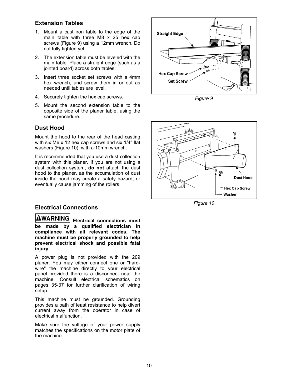 Extension tables, Dust hood, Electrical connections | Powermatic 209 User Manual | Page 10 / 40
