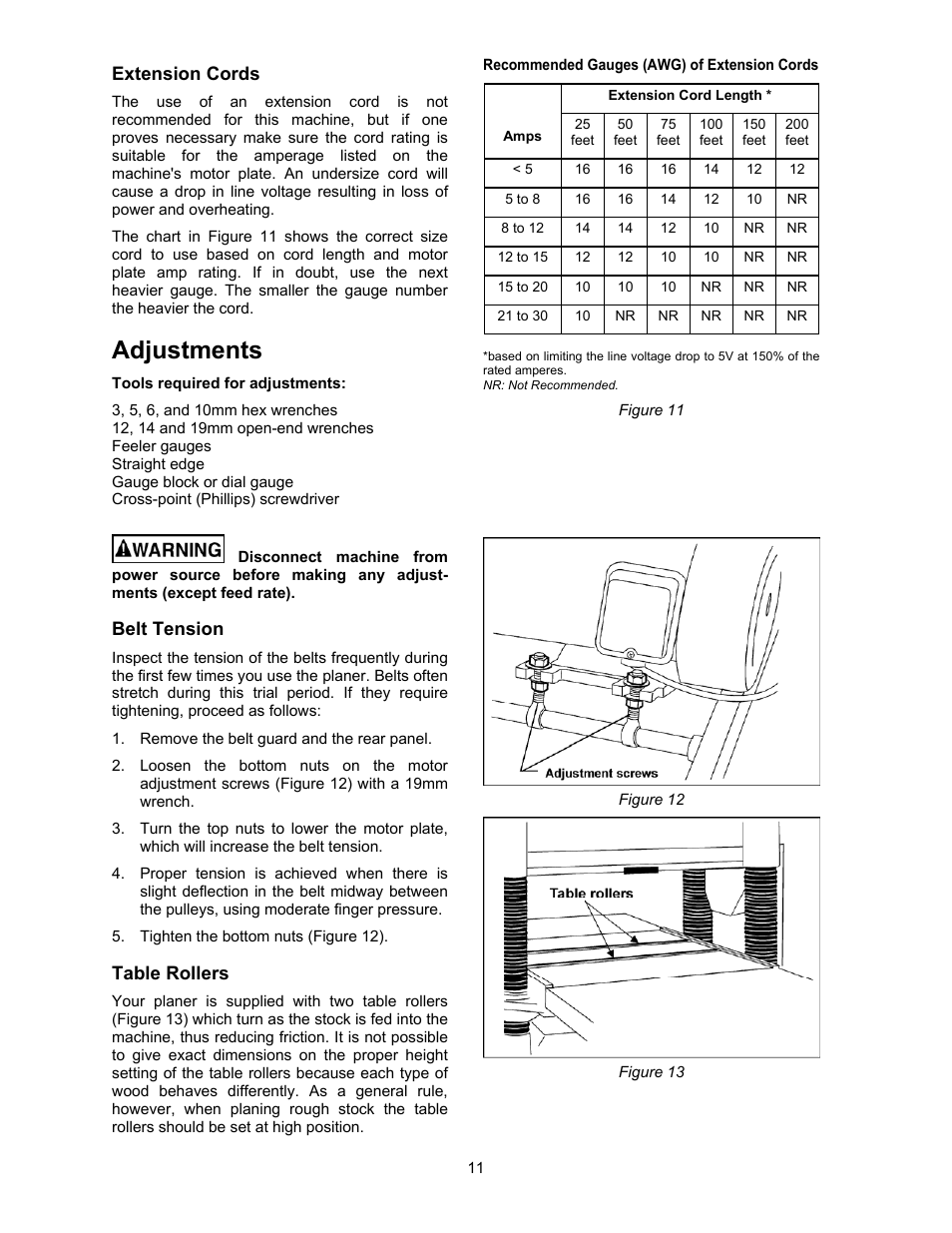 Adjustments, Tools required for, Belt tension | Table rollers | Powermatic 209 User Manual | Page 11 / 40