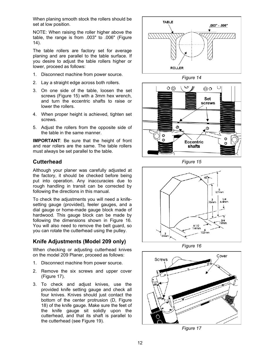 Cutterhead, Knife adjustments (model 209 only) | Powermatic 209 User Manual | Page 12 / 40